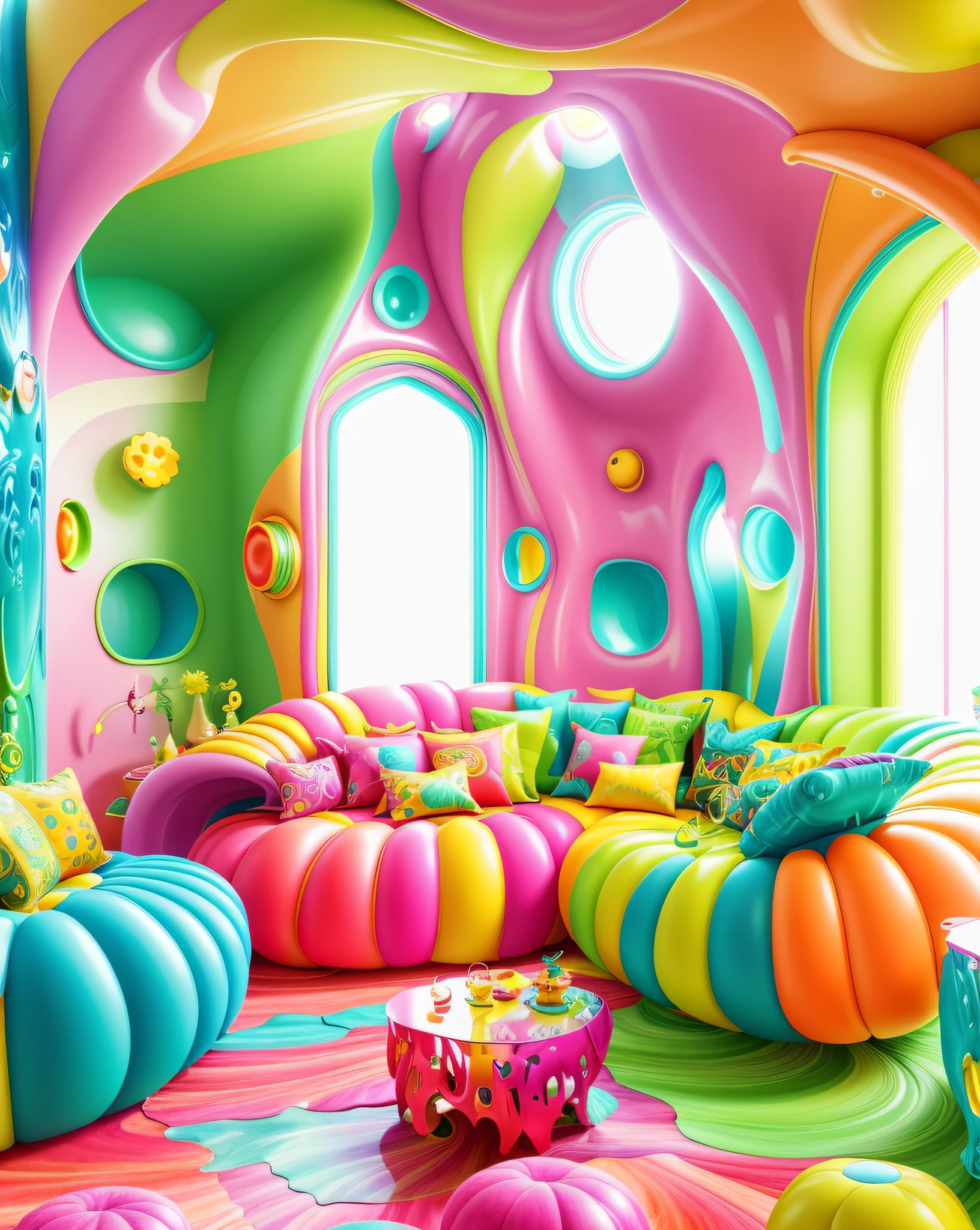 a brightly colored living room with a large couch and a coffee table, conversation pit, in a candy land style house, whimsical and psychedelic, maximalist sculpted design, futuristic decoration, maximalist art nouveau, maximalism. stunning, futuristic setting, in a futuristic desert palace, dreamy and detailed, surreal design, whimsical!!, whimsical!!!, beautiful space, very nice pastel colors