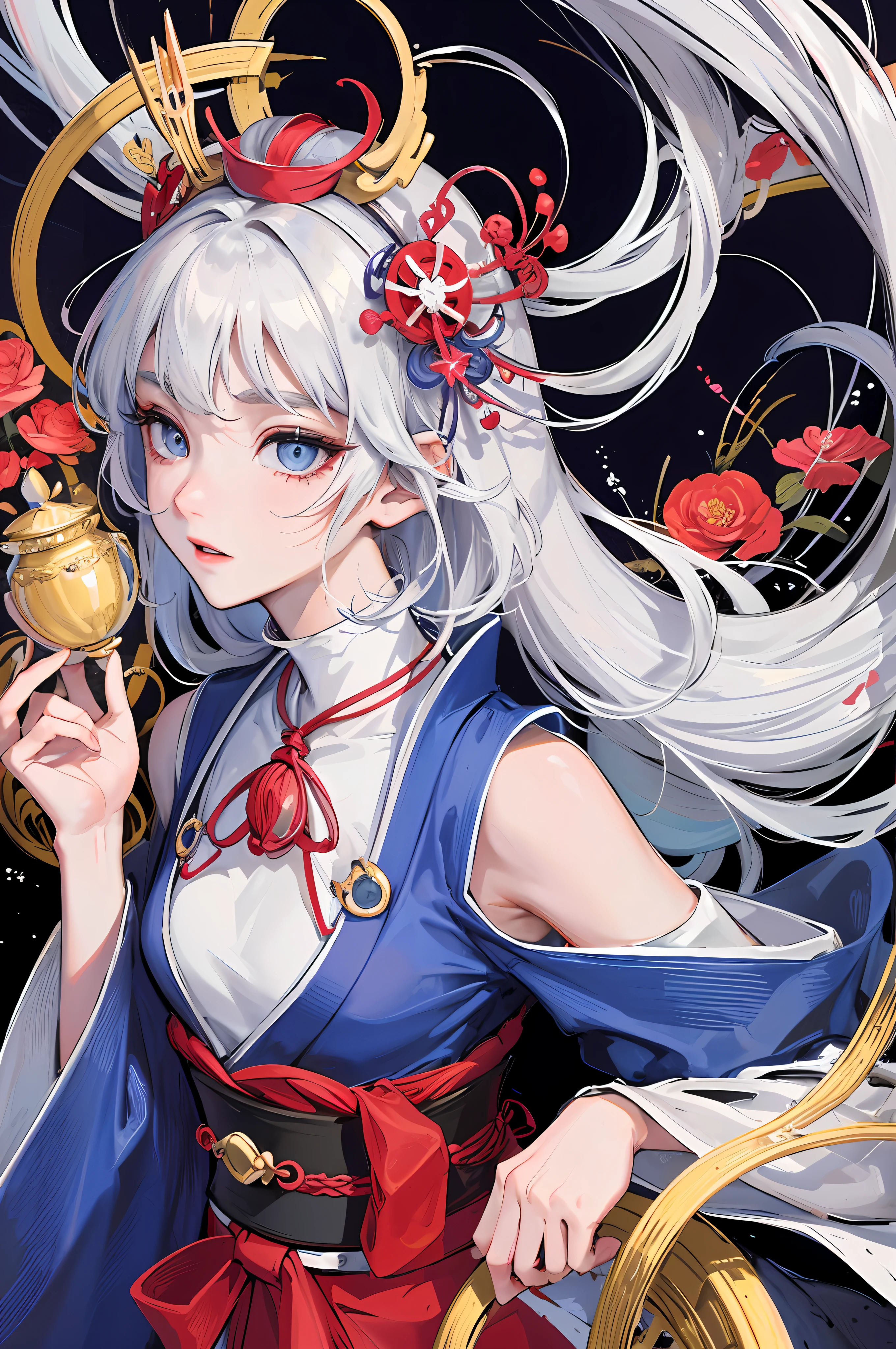 Tsukiyomi-dōjin, Tsukiyomi-zun, the incarnation of the moon, the supreme god of Japan, the deification of the ancient Japanese god and the moon. The ancestor of the Japanese emperor, the Japanese Shinto god, sister of Amaterasu, the background is the Japanese Tsukiyo Shrine, ((petite and cute breasts)), sister, extremely lonely expression, majesty, daunting, (bloodthirsty), blue eyes, Japanese makeup, lying in the water, creating a cold atmosphere, moonlight shrouded in the earth, bloodless skin, long silver-white hair, moon tattoo on the chest, sister, (blue and white Tenno-ha, wide sleeves), white haori, clogs, white socks, perfect legs, simple belt,(lots of luxurious silver jewelry),(perfect flesh full of texture),cold rendering effect, jaw-dropping, captivating visual enjoyment,((best quality)), ((masterpiece)),maximum definition,8K wallpaper,official art,multi-layered texture,super detailed, illustration,(super detailed face),(perfect face), clear texture, fine texture, Ultra HD detail display, Excellent image performance, high-quality illustration, perfectly fitting harmonious tones, deep lines, precise brush strokes, It has a strong sense of three-dimensionality and delicate wearing, wonderful color matching, and intricate details