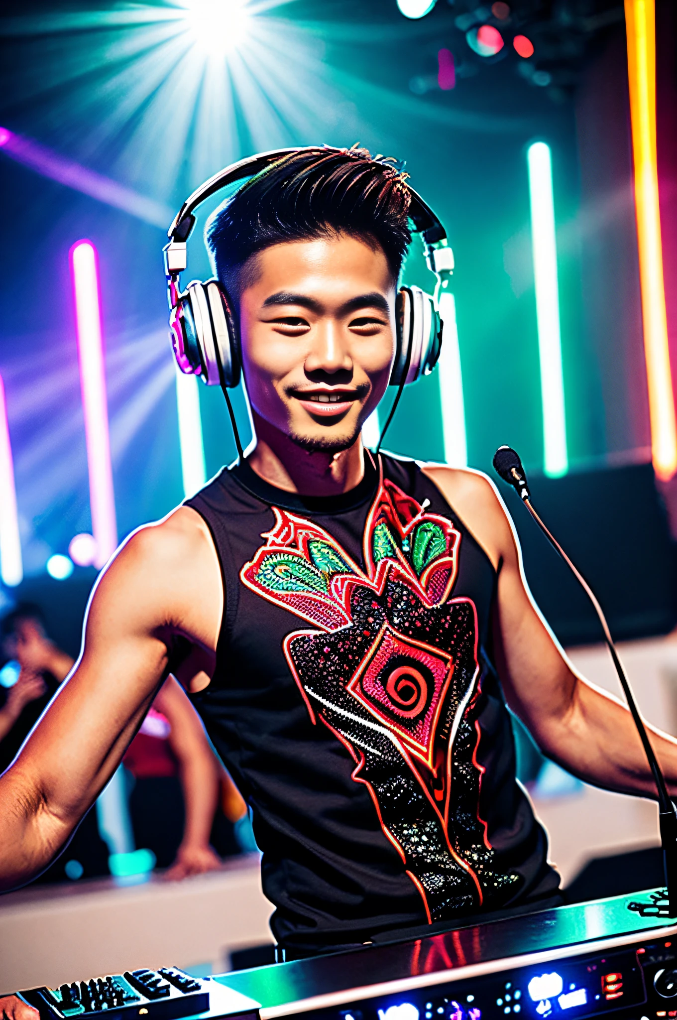 a dj plays on the dj's desk, headphones on his head, RAW, photography, (masterpiece) a full-body portrait of a Korean boy, 27 years old, listening to music, (((dancing)))), smiling, happy face, detailed facial features, realistic eyes, vibrating with music, ((red psychedelic pattern clothing)), strong body, nice abs, abstract tattoos, at the background music festival with people dancing, warm colors, colored lights, lens brightness, light leaks, ((photorealistic)), ((hyperrealistic)), (skin pores), highly detailed, sharp focus, 8K, ultra quality, UHD, crystalline, (((incredibly beautiful)), extremely detailed, highly detailed skin, cinematic lighting, wide angle, amazing fine details, Kodak, Canon 5d, rich colors, realistic texture, dramatic lighting, dynamic composition.
