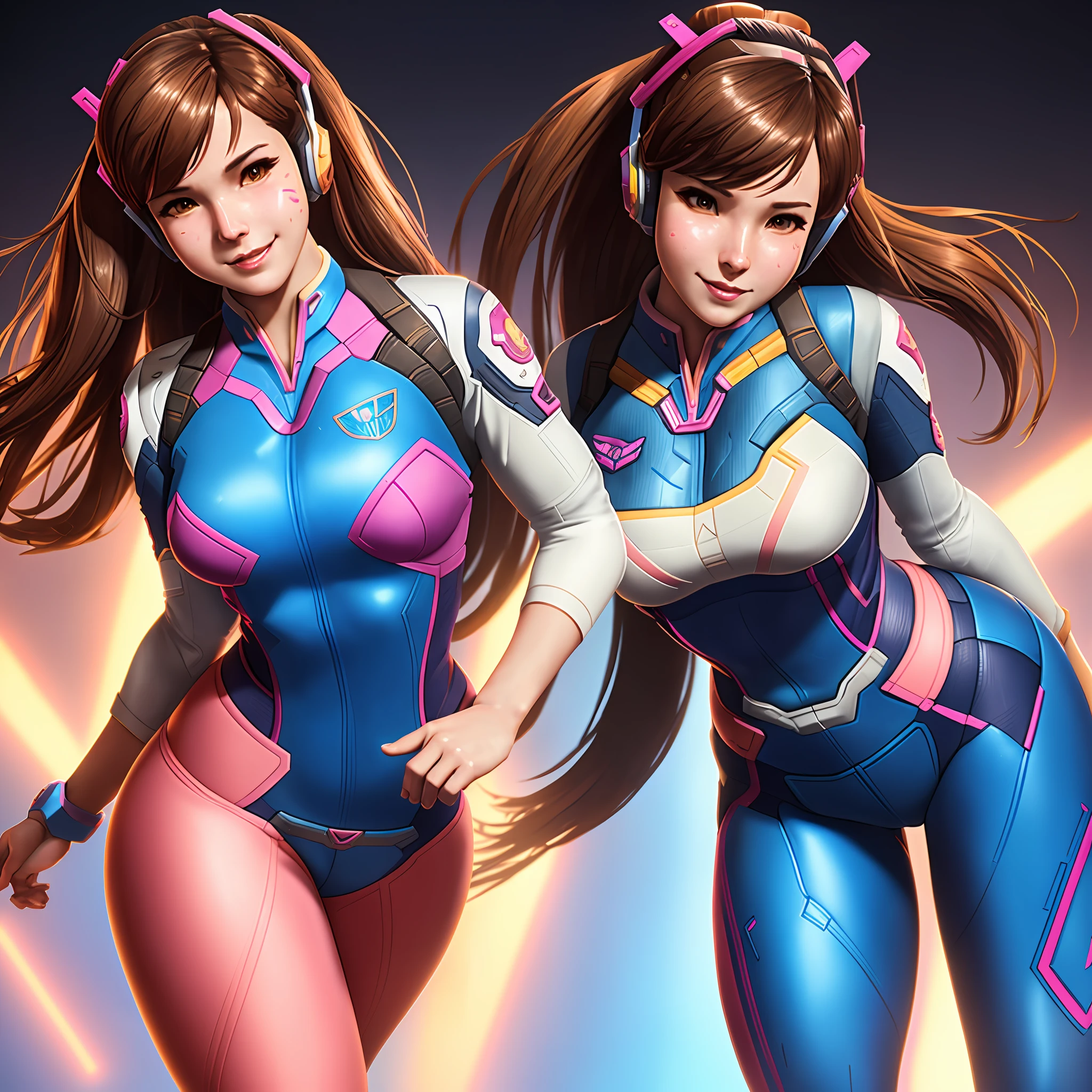 full body,  Concentrated expression, dynamic action, ((D.va:1.3:1.14)) from Overwatch, sexy, thick body, smiling, licking lips, bent over, thick butt, natural lighting, skin texture, detailed skin, (((detailed facial features))), 4k, (((high detail))), sharp focus, masterpiece, 4K, high quality, unreal engine, blender render
