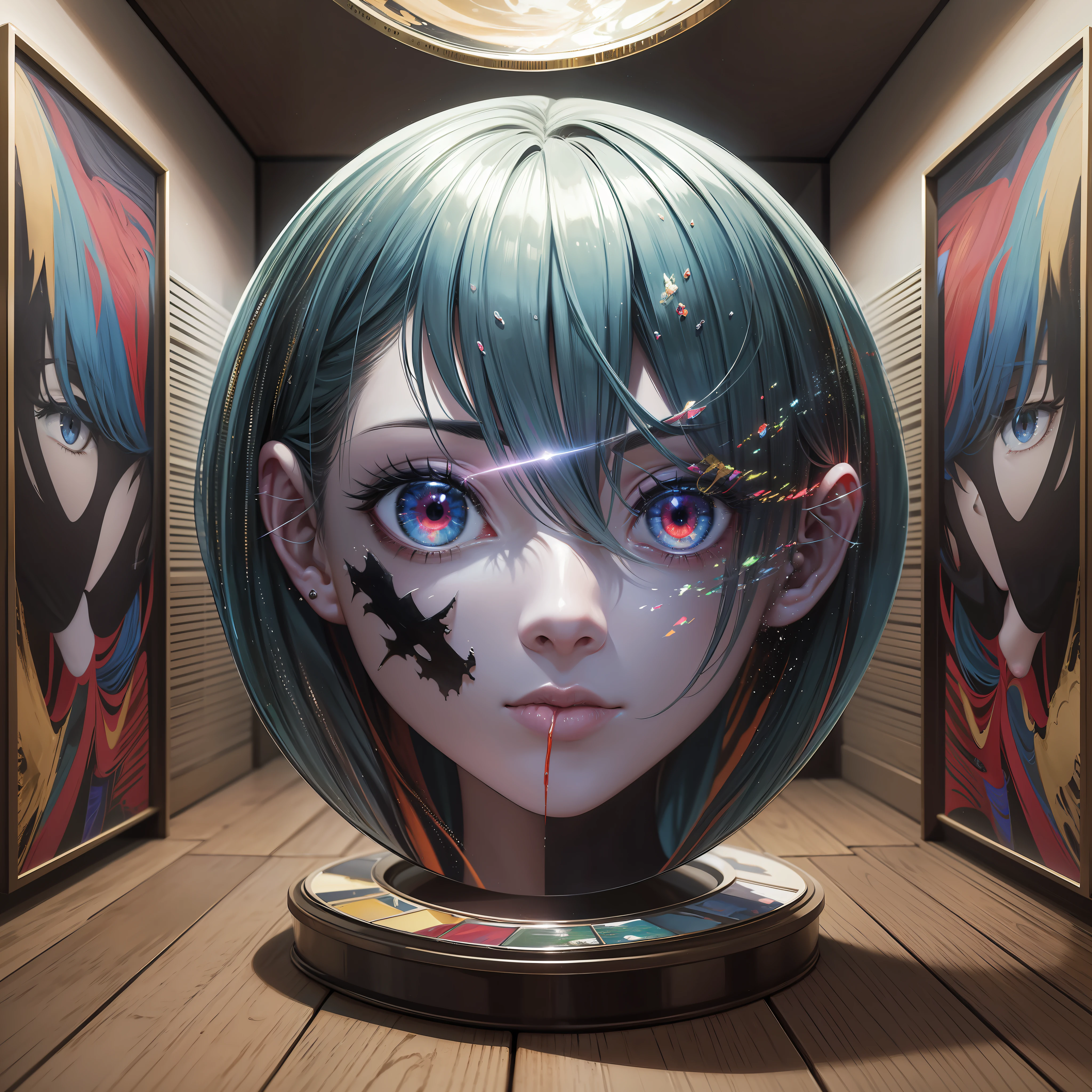 realistic collage anime-painting-photo-film surrealist collage inspired by the works of Raphael,a surrealist composition illustrating modern hell, there are holographic reflections in the background, impression of an image in which the viewer can dive, 8K reflections,kinematic filter, borderless collage