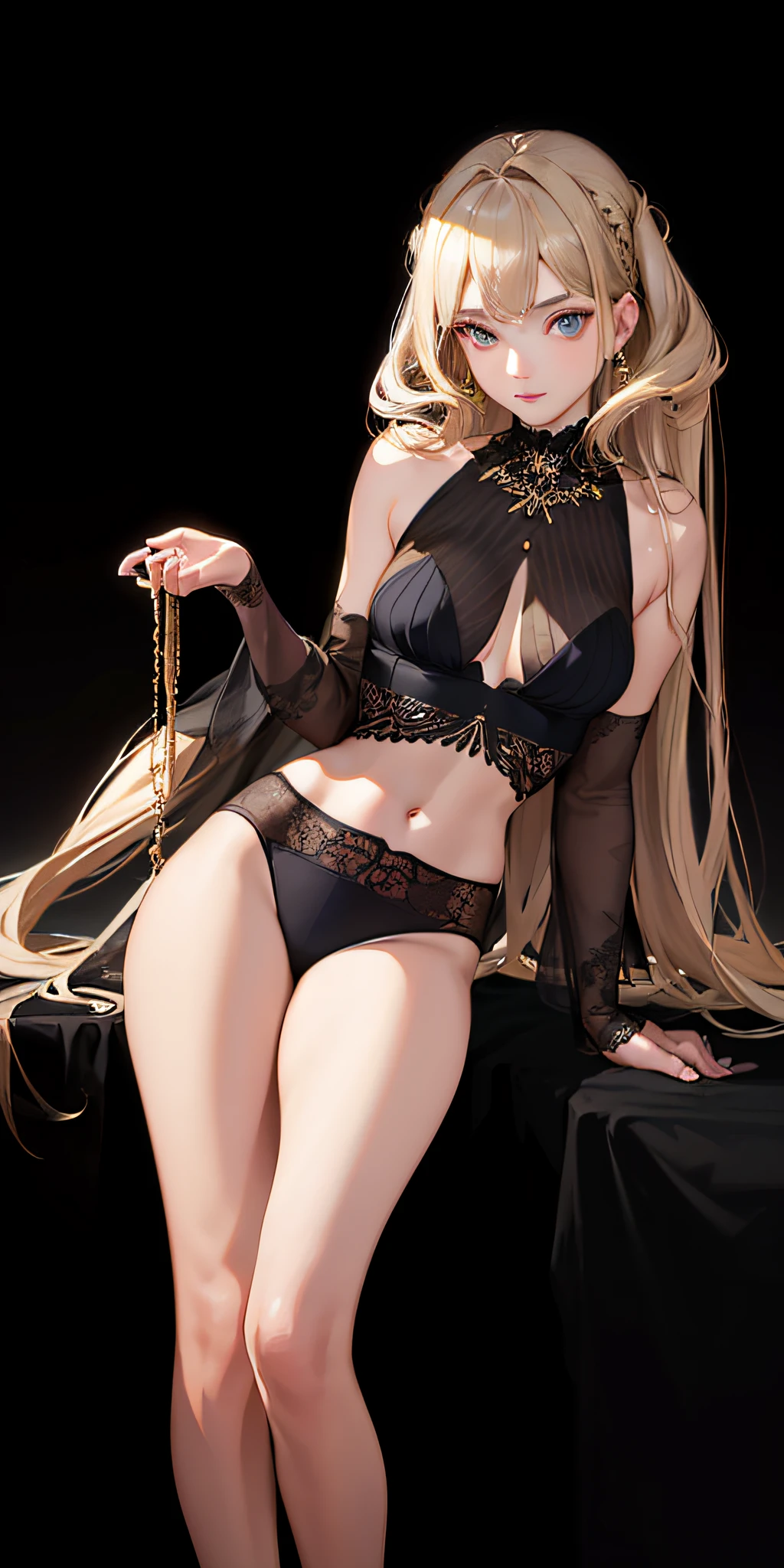 (photorealistic:1.4), (masterpiece, sidelighting, finely detailed beautiful eyes: 1.2), masterpiece*portrait, realistic, 3d face, glowing eyes, shiny hair, lustrous skin, solo, embarassed, (midriff), black underwear, blonde hair, topless