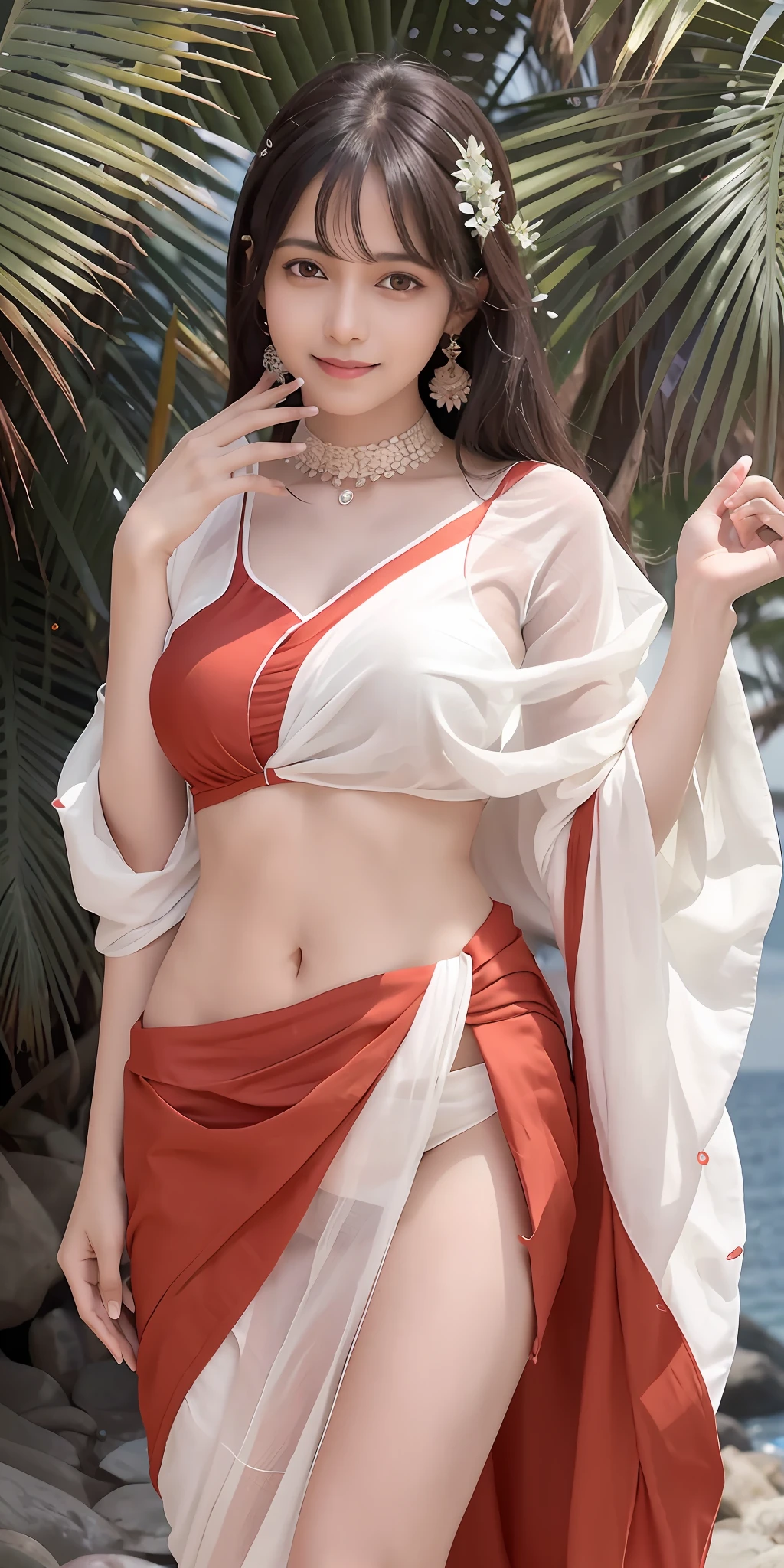 Onoff, Kerala woman in a white sari, ,RAW photo, a long shot portrait photo of a pretty girl, smiling,red sari, (lust), slim body, (ocean background), (high detailed skin:1.2), 8k uhd, dslr, soft lighting, high quality, film grain, Fujifilm XT3