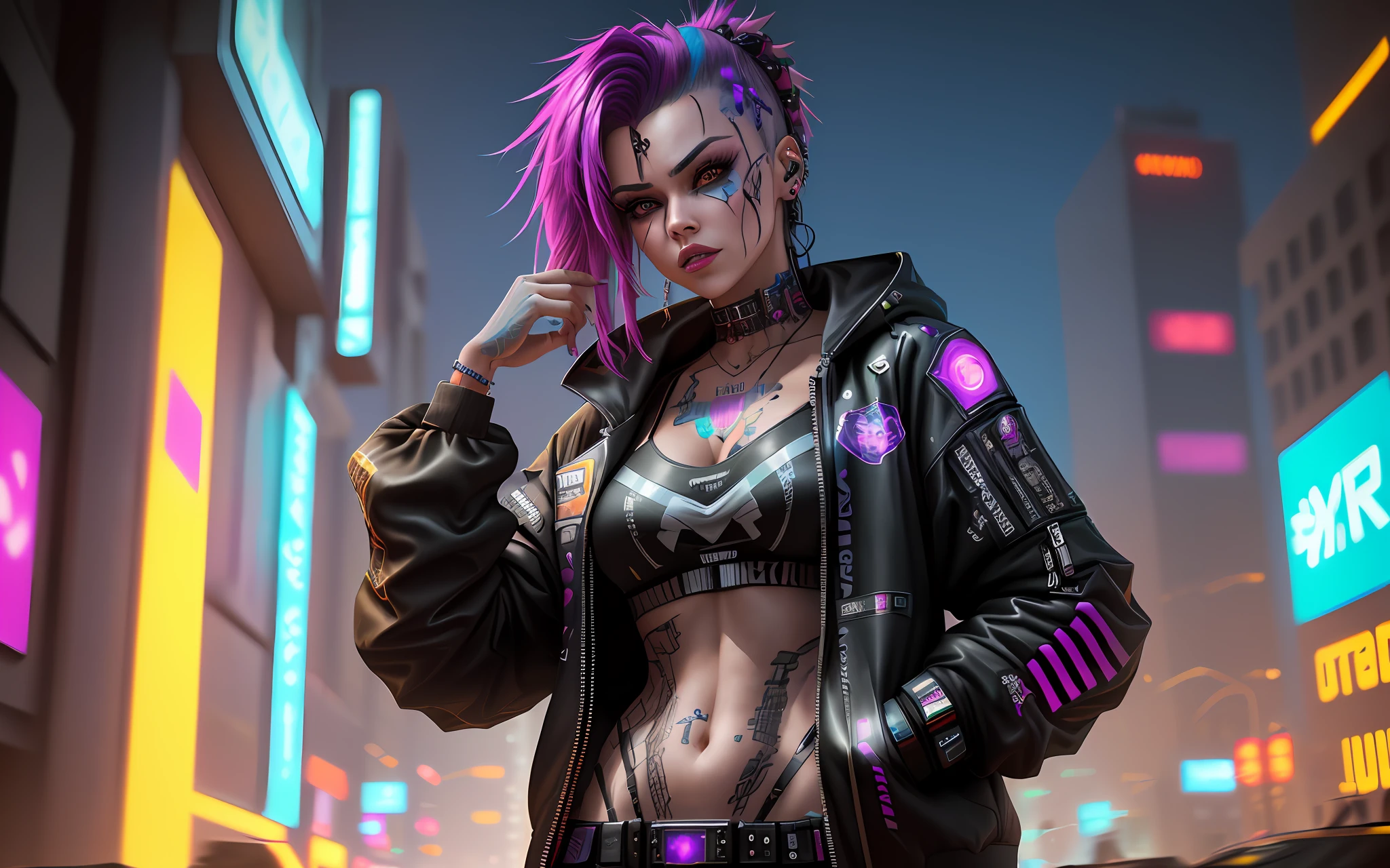 there is a woman with tattoos on her body posing for a picture, hyper-realistic cyberpunk style, cyberpunk angry gorgeous goddess, cyberpunk style , hyperrealistic, cyberpunk 2 0 y. o model girl, cyberpunk art style, cyberpunk art ultrarealistic 8k, cyberpunk girl, cyberpunk beautiful girl, cyberpunk themed art, digital cyberpunk anime art, the cyberpunk girl portrait, cyberpunk digital painting