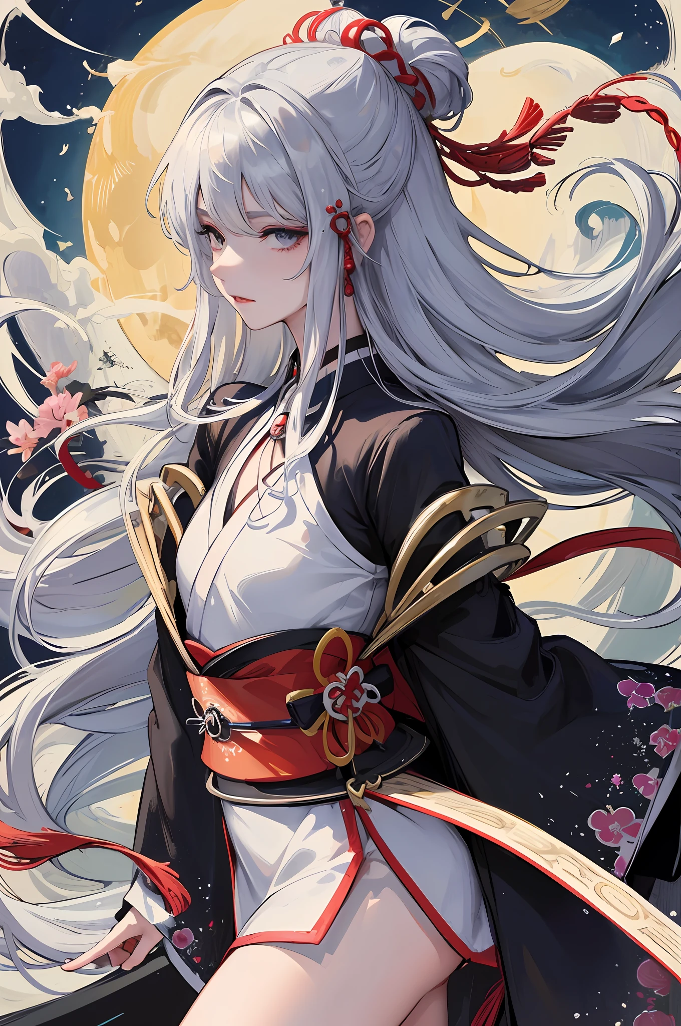 Tsukiyomi-dōjin, Tsukiyomi-zun, the incarnation of the moon, the supreme god of Japan, the deification of the ancient Japanese god and the moon. The ancestor of the Japanese emperor, the Japanese Shinto god, the sister of Amaterasu, the background is the Japanese Tsukiyo Shrine, ((petite and cute breasts)), sister, extremely lonely expression, majesty, daunting, (bloodthirsty), black eyes, Japanese makeup, lying in the water, creating a cold atmosphere, moonlight shrouded in the earth, bloodless skin, silver-white long hair, moon tattoo on the chest, sister, (blue and white Tenno-ha, wide sleeves), white haori, clogs, white socks, perfect legs, simple belt,(lots of luxurious silver jewelry),(perfect flesh full of texture),cold rendering effect, jaw-dropping, captivating visual enjoyment,((best quality)), ((masterpiece)),maximum definition,8K wallpaper,official art,multi-layered texture,super detailed, illustration,(super detailed face),(perfect face), clear texture, fine texture, Ultra HD detail display, Excellent image performance, high-quality illustration, perfectly fitting harmonious tones, deep lines, precise brush strokes, It has a strong sense of three-dimensionality and delicate wearing, wonderful color matching, and intricate details