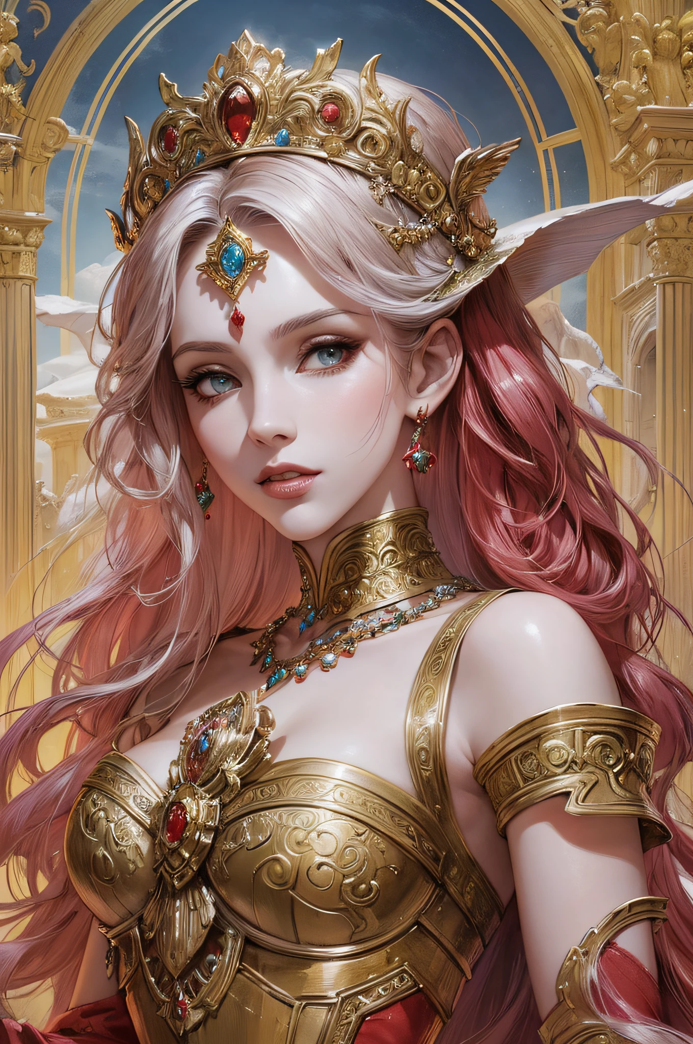 a woman in a red dress standing in front of a fountain, gorgeous goddess of leo, beautiful goddess, beautiful maiden, fantasy woman, ((a beautiful fantasy empress)), a stunning portrait of a goddess, epic fantasy art style hd, inspired by Magali Villeneuve, epic fantasy art style, beautiful fantasy art, a beautiful fantasy empress, beautiful fantasy maiden, fantasy art style