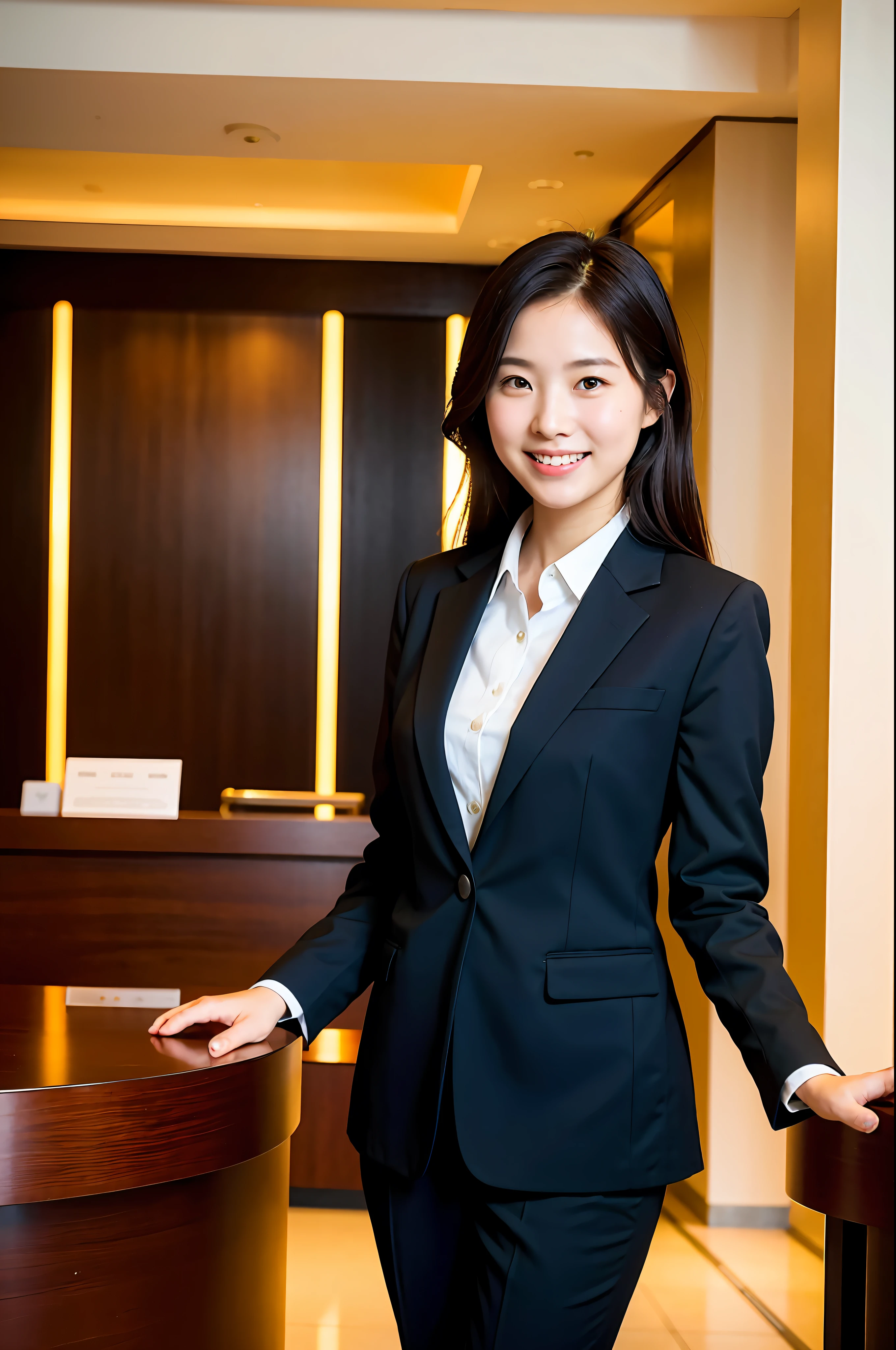 Natural light, girl standing and smiling at hotel front desk in hotel black suit, (best quality, masterpiece: 1.2)