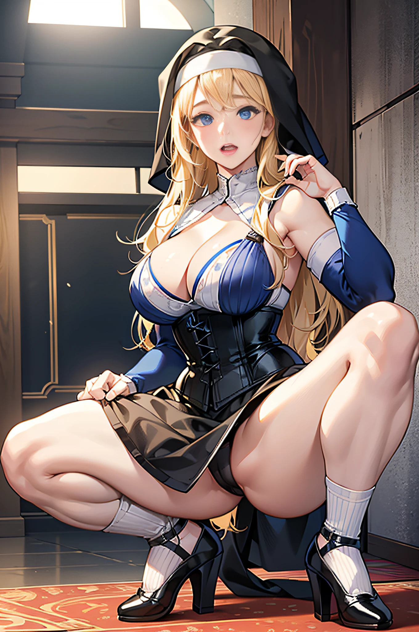 Ultra-realistic 8k CG, beautiful girl with blonde hair, blue eyes, open mouth, swollen, chubby body, nun's bandana, corset nun's dress, fleshy thighs, patterned white socks, high heels, full body, looking at the audience, symmetrical, charming, complex, sexy, elegant, hands intertwined,