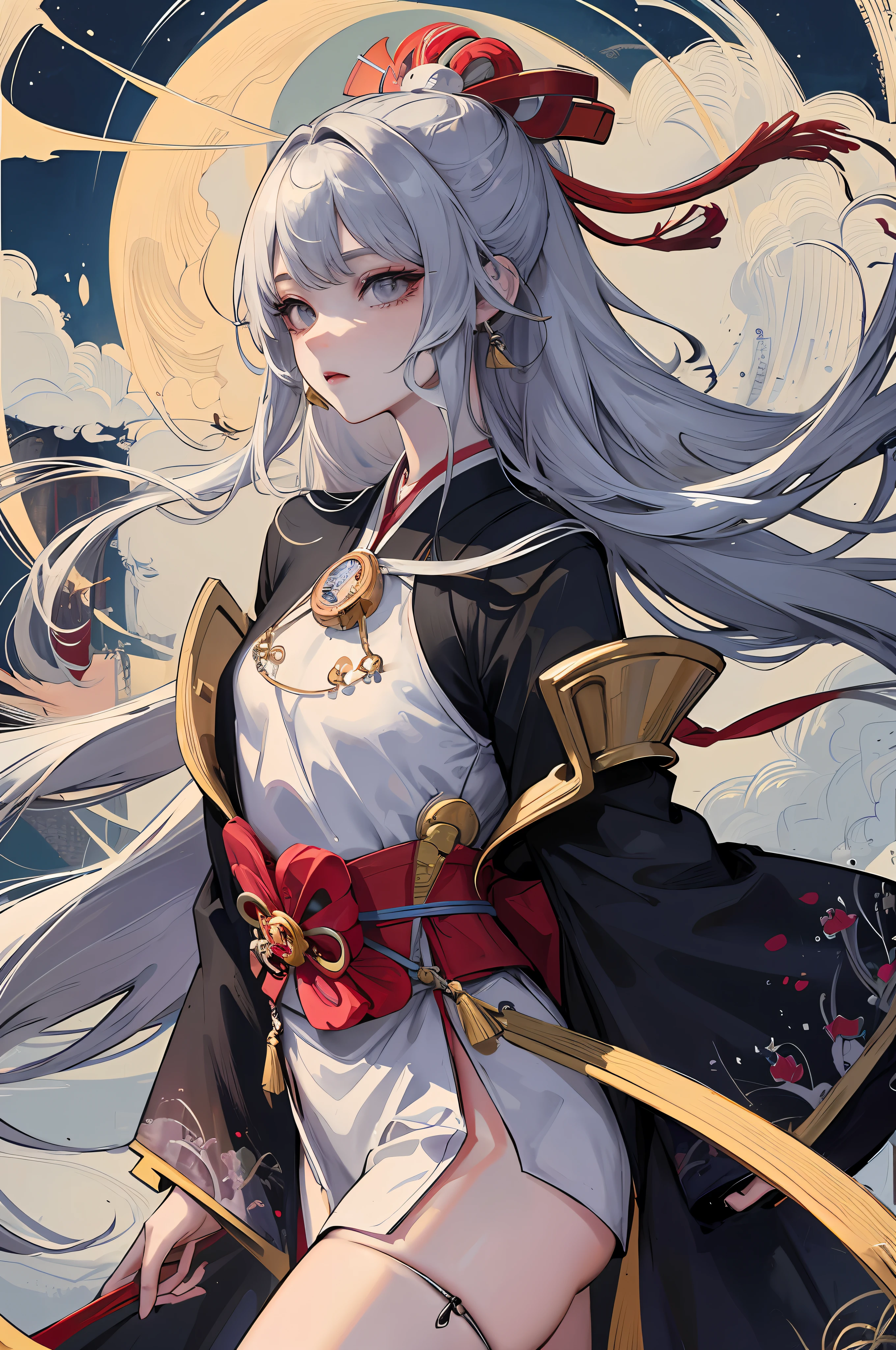 Tsukiyomi-dōjin, Tsukiyomi-zun, the incarnation of the moon, the supreme god of Japan, the deification of the ancient Japanese god and the moon. The ancestor of the Japanese emperor, the Japanese Shinto god, the sister of Amaterasu, the background is the Japanese Tsukiyo Shrine, ((petite and cute breasts)), sister, extremely lonely expression, majesty, daunting, (bloodthirsty), black eyes, Japanese makeup, lying in the water, creating a cold atmosphere, moonlight shrouded in the earth, bloodless skin, silver-white long hair, moon tattoo on the chest, sister, (blue and white Tenno-ha, wide sleeves), white haori, clogs, white socks, perfect legs, simple belt,(lots of luxurious silver jewelry),(perfect flesh full of texture),cold rendering effect, jaw-dropping, captivating visual enjoyment,((best quality)), ((masterpiece)),maximum definition,8K wallpaper,official art,multi-layered texture,super detailed, illustration,(super detailed face),(perfect face), clear texture, fine texture, Ultra HD detail display, Excellent image performance, high-quality illustration, perfectly fitting harmonious tones, deep lines, precise brush strokes, It has a strong sense of three-dimensionality and delicate wearing, wonderful color matching, and intricate details
