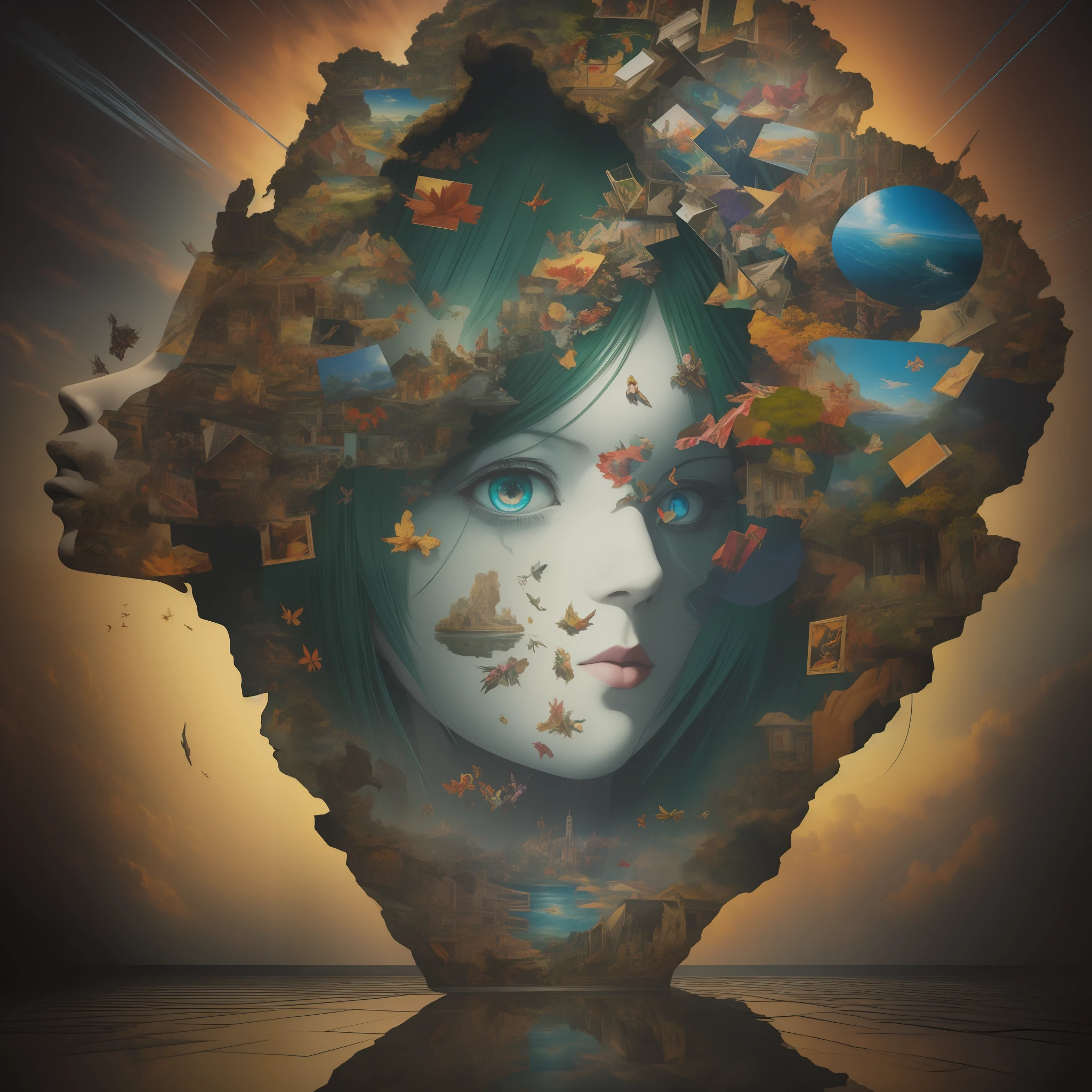 realistic collage anime-painting-photo-film surrealist collage inspired by the works of Raphael,a surrealist composition illustrating modern hell, there are holographic reflections in the background, impression of an image in which the viewer can dive, 8K reflections,kinematic filter, borderless collage