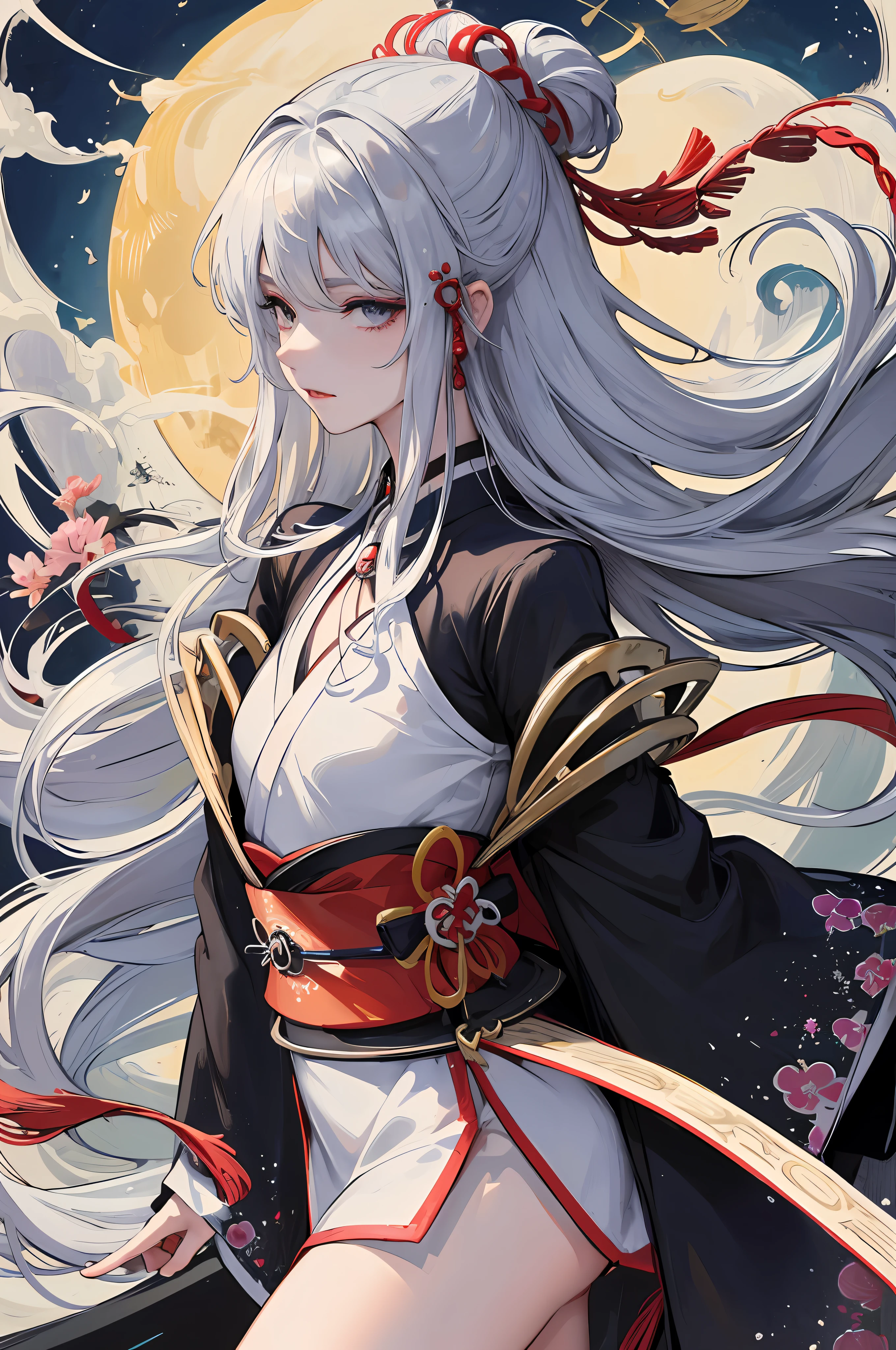 Tsukiyomi-dōjin, Tsukiyomi-zun, the incarnation of the moon, the supreme god of Japan, the deification of the ancient Japanese god and the moon. The ancestor of the Japanese emperor, the Japanese Shinto god, the sister of Amaterasu, the background is the Japanese Tsukiyo Shrine, ((petite and cute breasts)), sister, extremely lonely expression, majesty, daunting, (bloodthirsty), black eyes, Japanese makeup, lying in the water, creating a cold atmosphere, moonlight shrouded in the earth, bloodless skin, silver-white long hair, moon tattoo on the chest, sister, (blue and white Tenno-ha, wide sleeves), white haori, clogs, white socks, perfect legs, simple belt,(lots of luxurious silver jewelry),(perfect flesh full of texture),cold rendering effect, jaw-dropping, captivating visual enjoyment,((best quality)), ((masterpiece)),maximum definition,8K wallpaper,official art,multi-layered texture,super detailed, illustration,(super detailed face),(perfect face), clear texture, fine texture, Ultra HD detail display, Excellent image performance, high-quality illustration, perfectly fitting harmonious tones, deep lines, precise brush strokes, It has a strong sense of three-dimensionality and delicate wearing, wonderful color matching, and intricate details