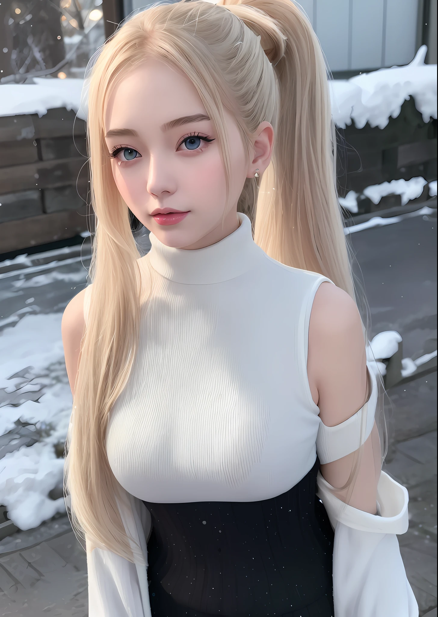 (Best Quality Detail: 1.2), Realistic, 8K UHD, HD, (1 Girl: 1.2), Ultra Detailed, High Quality Texture, Intricate Detail, Detailed Texture, Fine Detail, High Detail, Extremely Detailed CG, High Quality Shadows, Detailed Beautiful Delicate Face, Detailed Beautiful Delicate Eyes, Depth of Field, Ray Tracing, 20 years old, Beautiful Kpop Girl, (Korean ulzzang Face: 1.1), slim face, (ulzzang-6500-v1.1:0.6), PureErosFace_V1, glowing eyes, blush, bright lips, perfect figure, (sleeveless turtleneck, pantyhose: 1.1), (white blonde hair, ponytail: 1.1), winter_street, snow_particle,