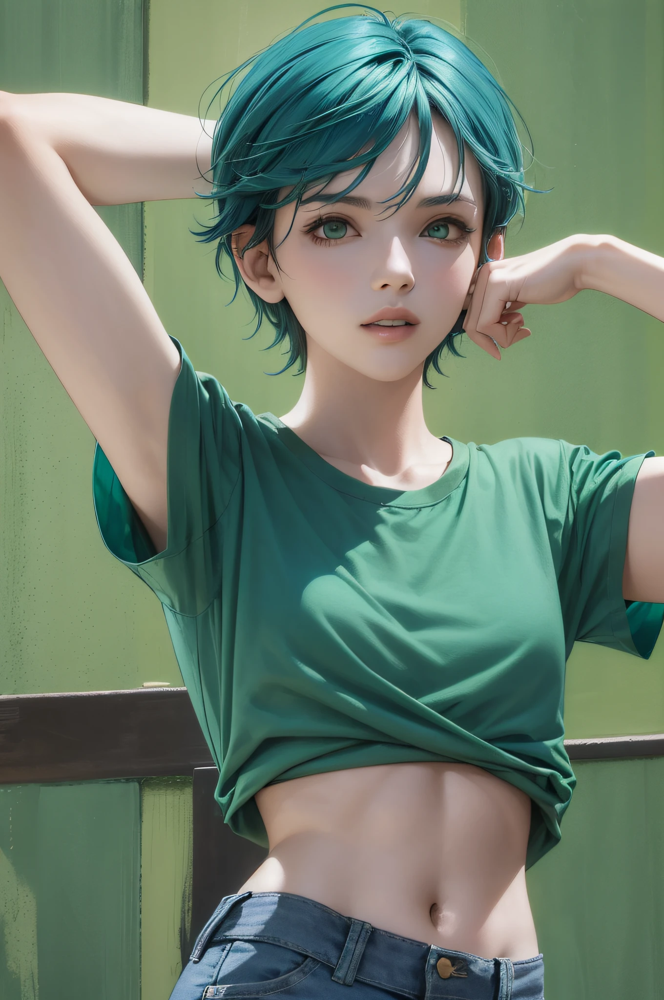 Araffe with blue hair and a green shirt is posing for a photo, with tiled clothes, with short hair, official product image, t-top, short sleeves, green shirt, open chest V clothes, short and tight jean shorts, blue uniform, in a teal dark polo shirt, ( ( ( dark green, with torn cut t-shirt, mid shot portrait, casual green clothing, turquoise