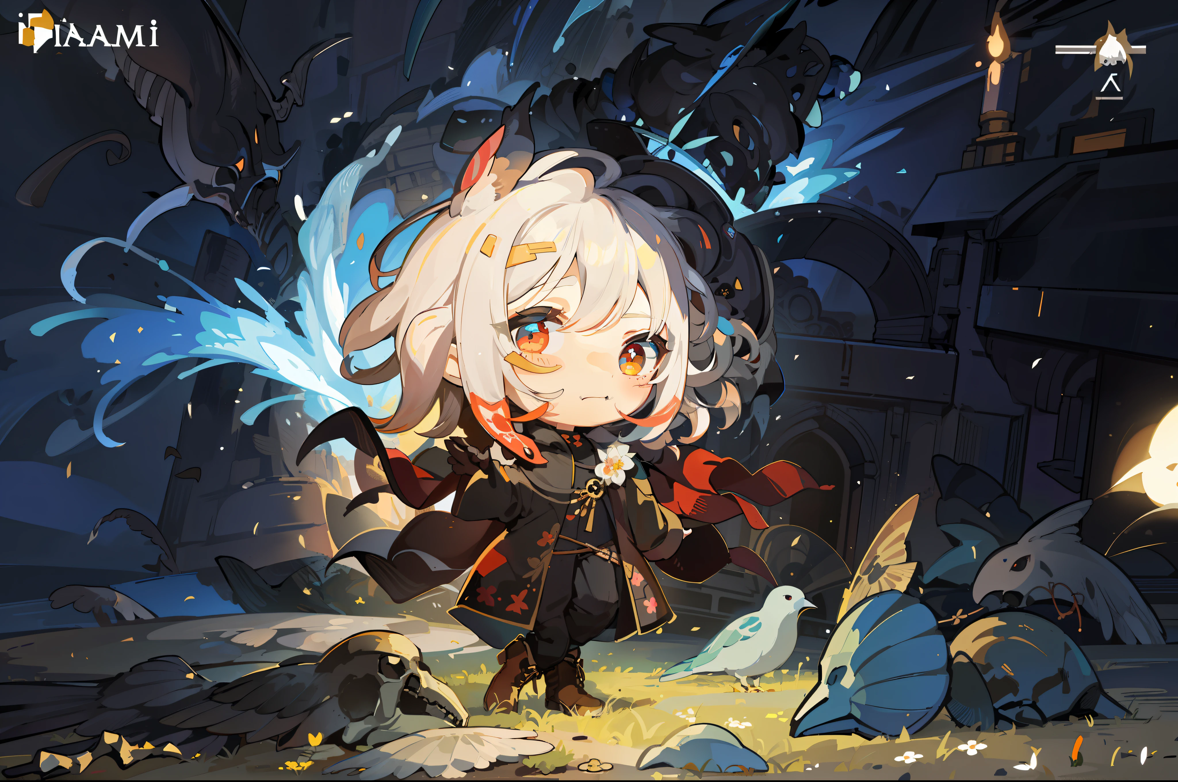 1girl, (chibi:1.4), mage, cute, adorable,full body, color illustration, fantasy, skull-mask, bones, standing, cheerful, flower field, outdoors, day, daylight, (mage robe:1.2), hood, leather boots, long flowing embroidered black caftan, pants, flowers, singing birds, (best quality, masterpiece:1.2), (intricately detailed:1.2), bokeh, (solo:1.7)