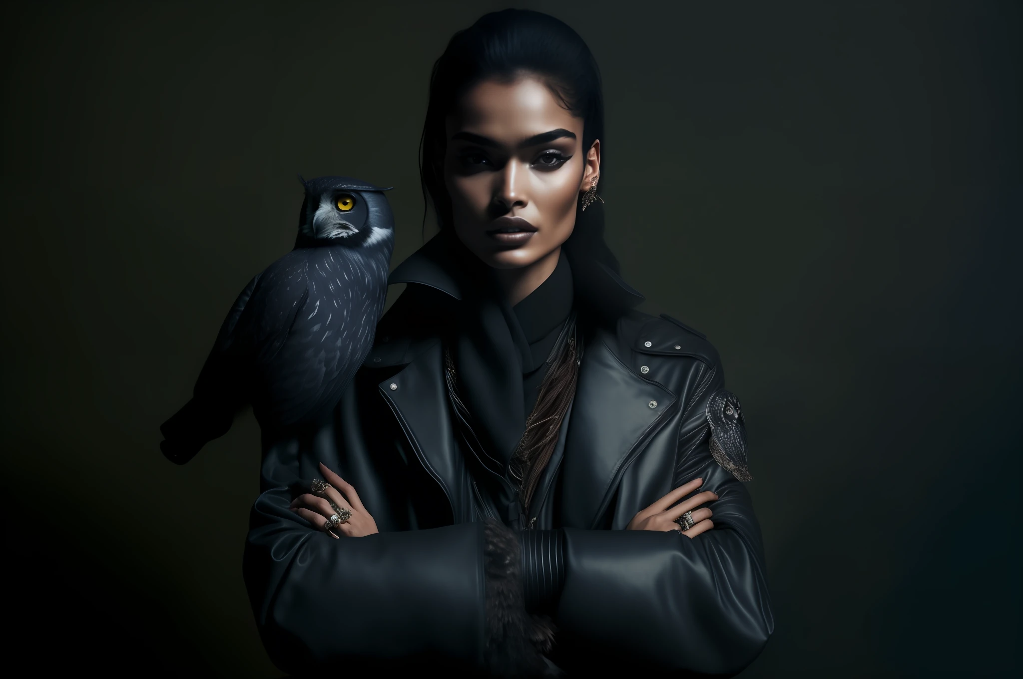 there is a woman with a leather jacket and an owl on her shoulder, owl wearing black biker jacket, shanina shaik as medusa, high - end fashion photoshoot, editorial fashion photography, by Galen Dara, fashion editorial photography, with an owl on her shoulder, inspired by Emma Andijewska, by Christen Dalsgaard, editorial portrait, editorial photograph