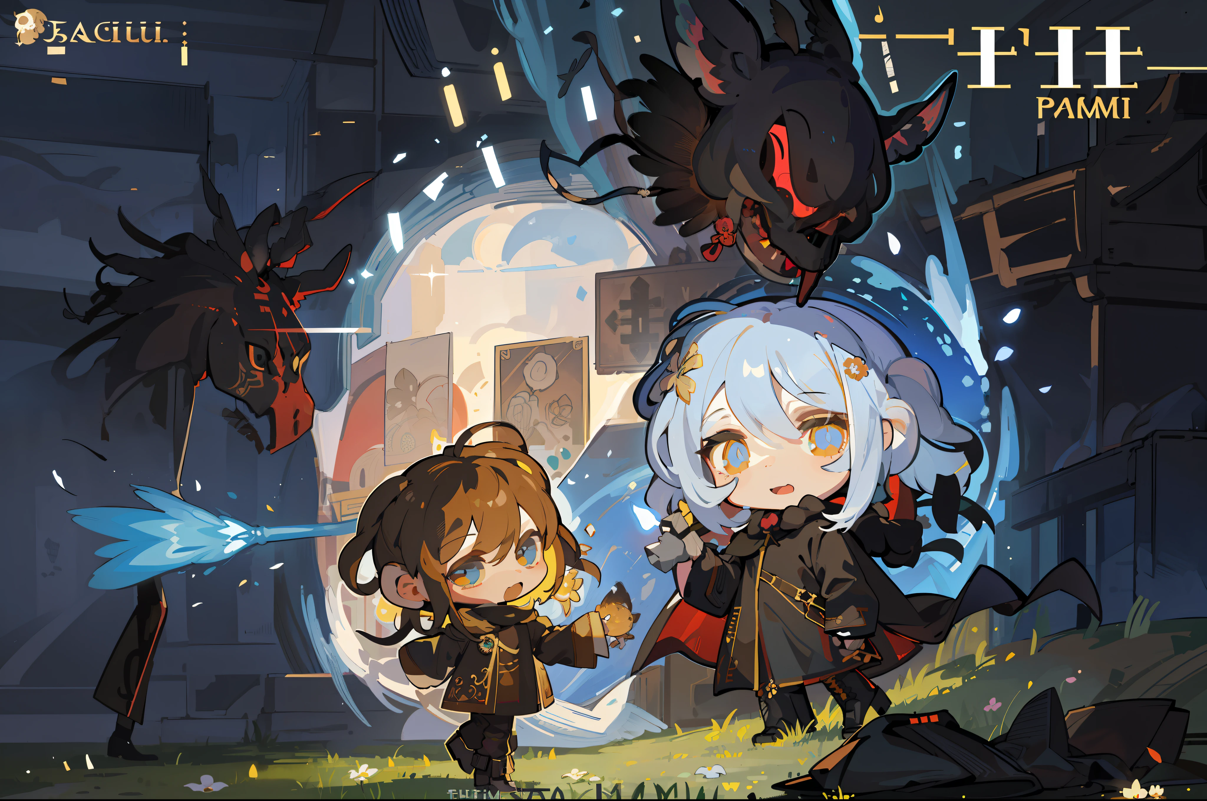 1girl, (chibi:1.4), mage, cute, adorable,full body, color illustration, fantasy, skull-mask, bones, standing, cheerful, flower field, outdoors, day, daylight, (mage robe:1.2), hood, leather boots, long flowing embroidered black caftan, pants, flowers, singing birds, (best quality, masterpiece:1.2), (intricately detailed:1.2), bokeh, (solo:1.7)