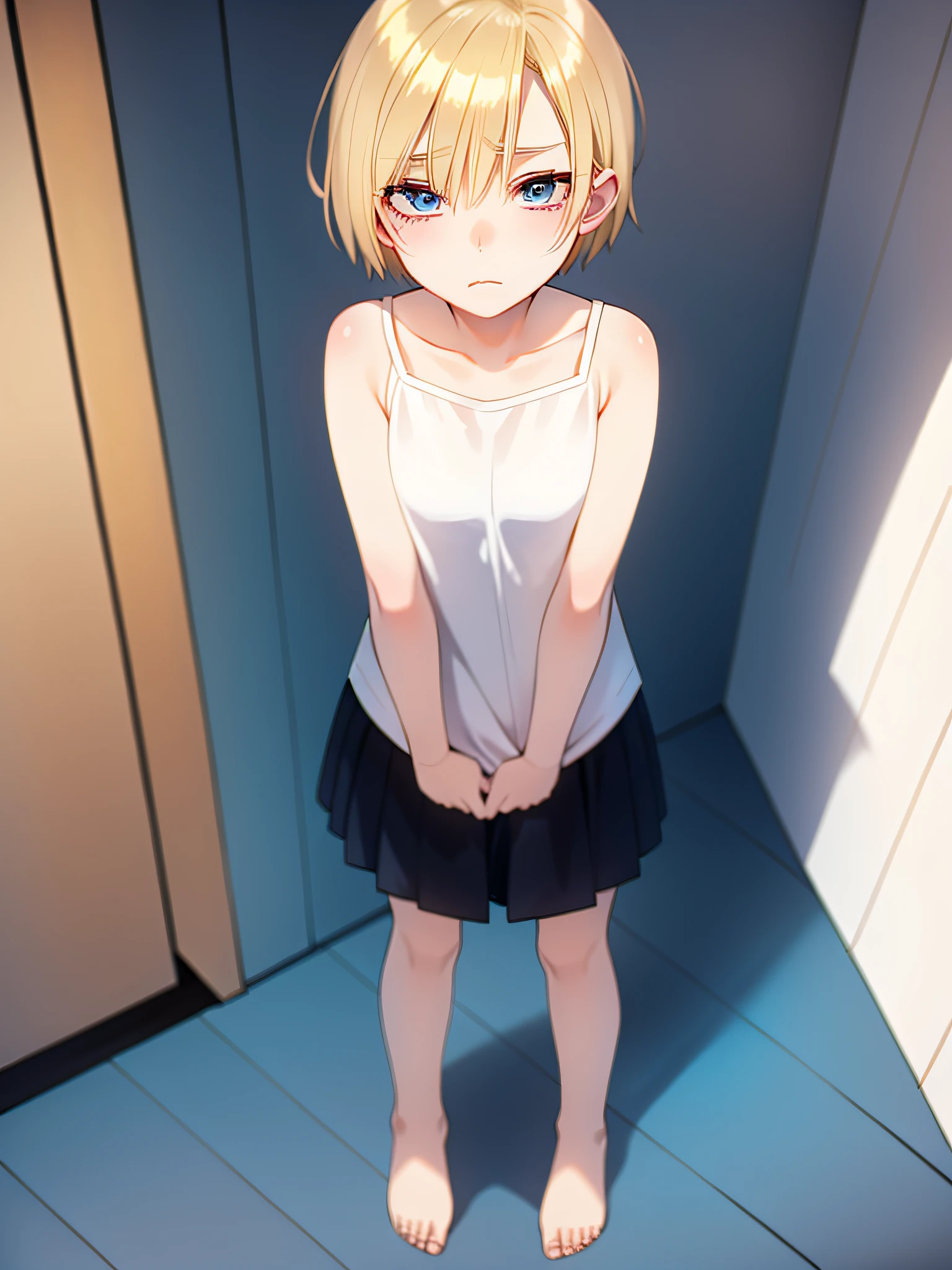 1girl, solo, blonde, blue eyes, small breasts, small body, short hair, li, chcasual clothes, sad, Looking at the viewer, looking forward, body facing forward