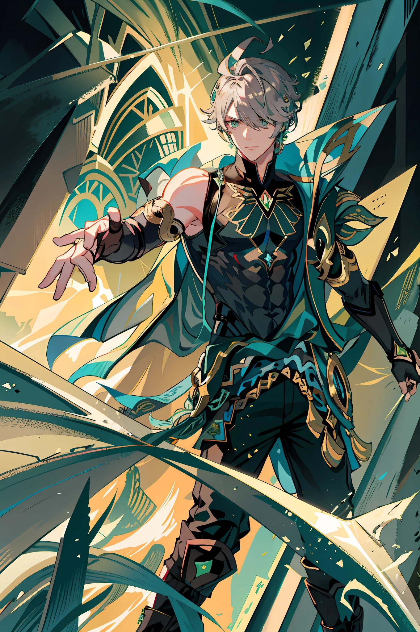masterpiece, best quality,alhaitham\(genshin impact\), 1boy, male focus, shirt, solo, gloves, sleeveless shirt, grey hair, green eyes, sleeveless, ahoge, black shirt, bangs, hair over one eye, black gloves, indoors, sanctuary, fingerless gloves, black pants, pants, swept bangs, boots, bare shoulders, short hair, elbow gloves,(kbxll:0.6), open hands, muscles