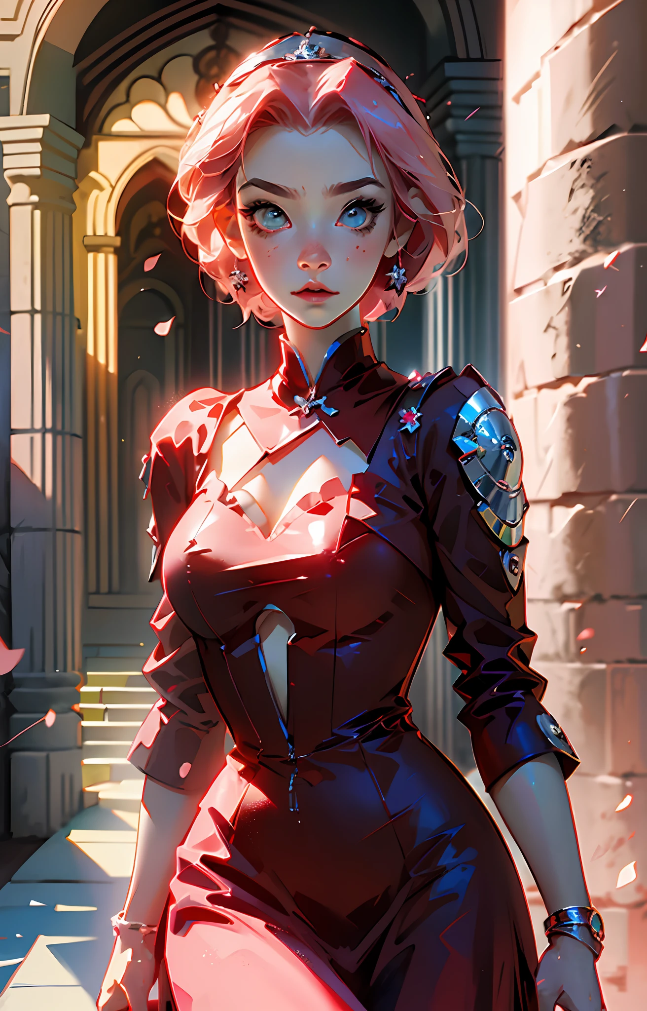 Sakura haruno, ((solo)), alone, princess, wearing a red princess dress, queen, happy, ((forehead to show)), standing, entering the church, pink hair, short hair, delicate, young, short hair, detailed face, high definition, ((full body)), (flowers around her), whole body, she is a beautiful woman, face with high quality, beautiful, radiant, high definition, delicacy, sakura haruno, sakura, gorgeous face, sharp features, anime, sakura haruno, anime, HD, red dress, small and contoured pupils, asian eyes