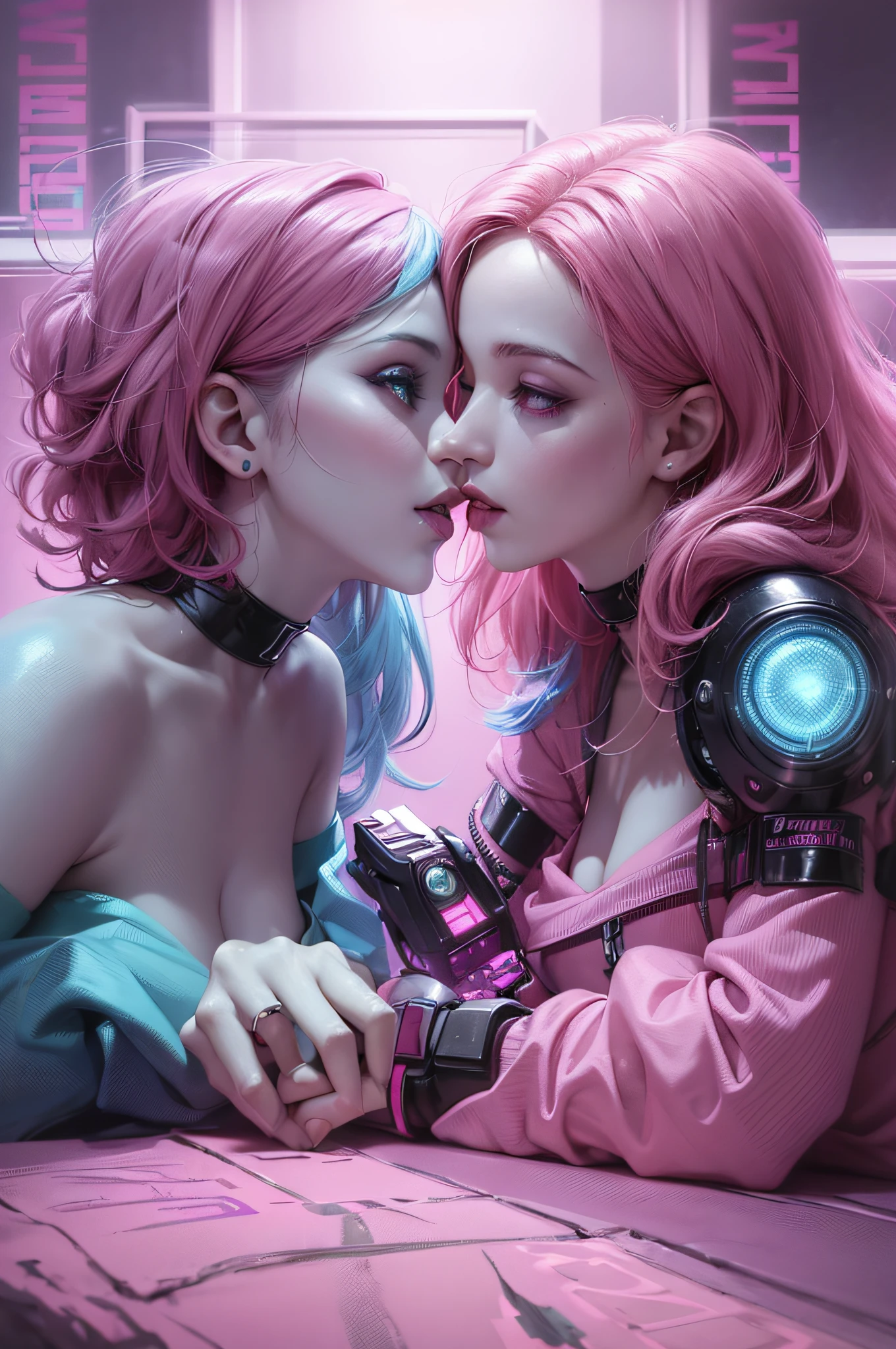 two women with pink hair and blue makeup kissing each other, lesbian kiss, lesbian art, bisexual lighting, artem demura beeple, beautiful sci - fi twins, rossdraws pastel vibrant, cyan and magenta, realism | beeple, dreamy colorful cyberpunk colors, pink and blue colors, beeple and jeremiah ketner, recusion beeple