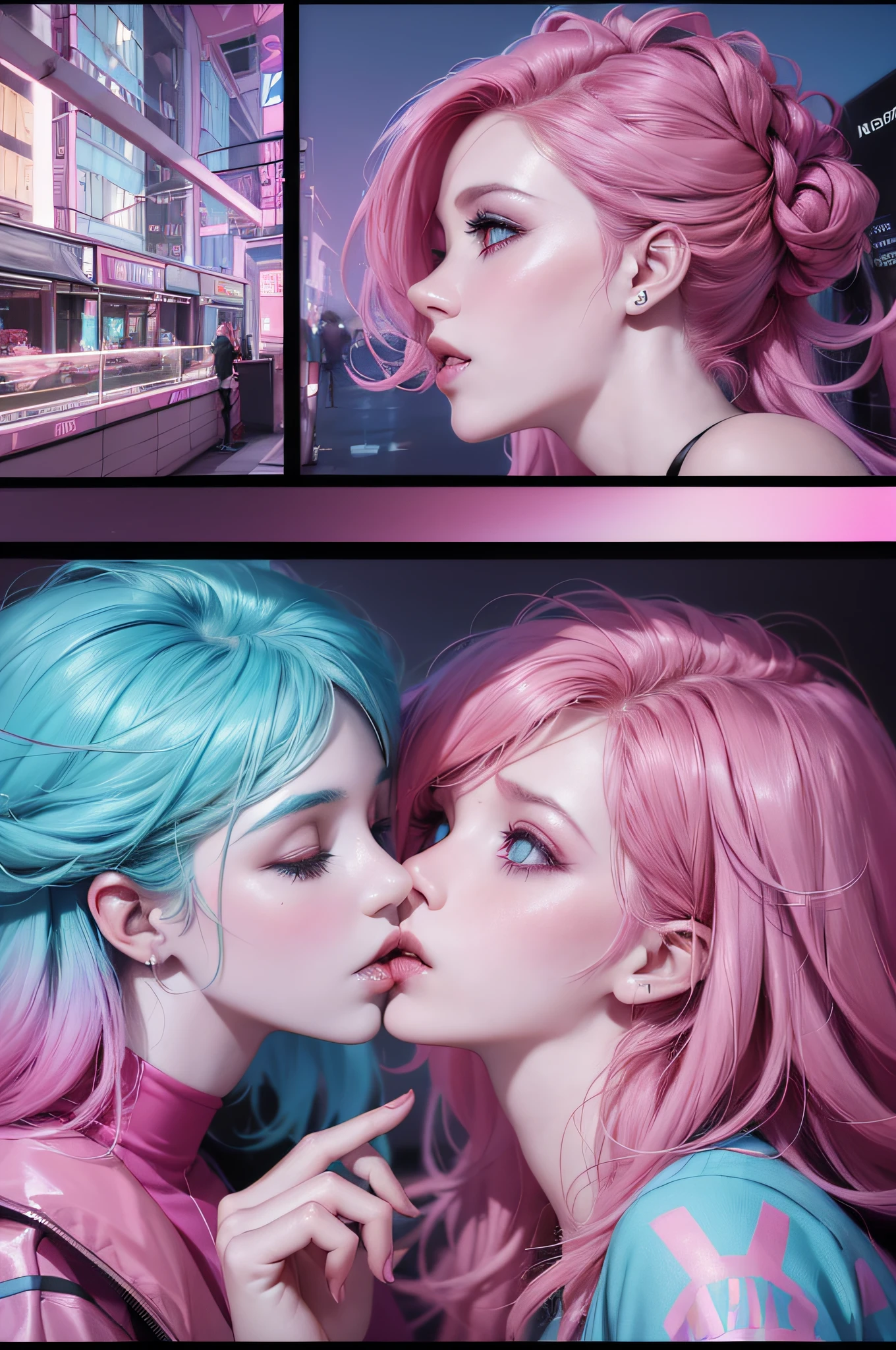 two women with pink hair and blue makeup kissing each other, lesbian kiss, lesbian art, bisexual lighting, artem demura beeple, beautiful sci - fi twins, rossdraws pastel vibrant, cyan and magenta, realism | beeple, dreamy colorful cyberpunk colors, pink and blue colors, beeple and jeremiah ketner, recusion beeple