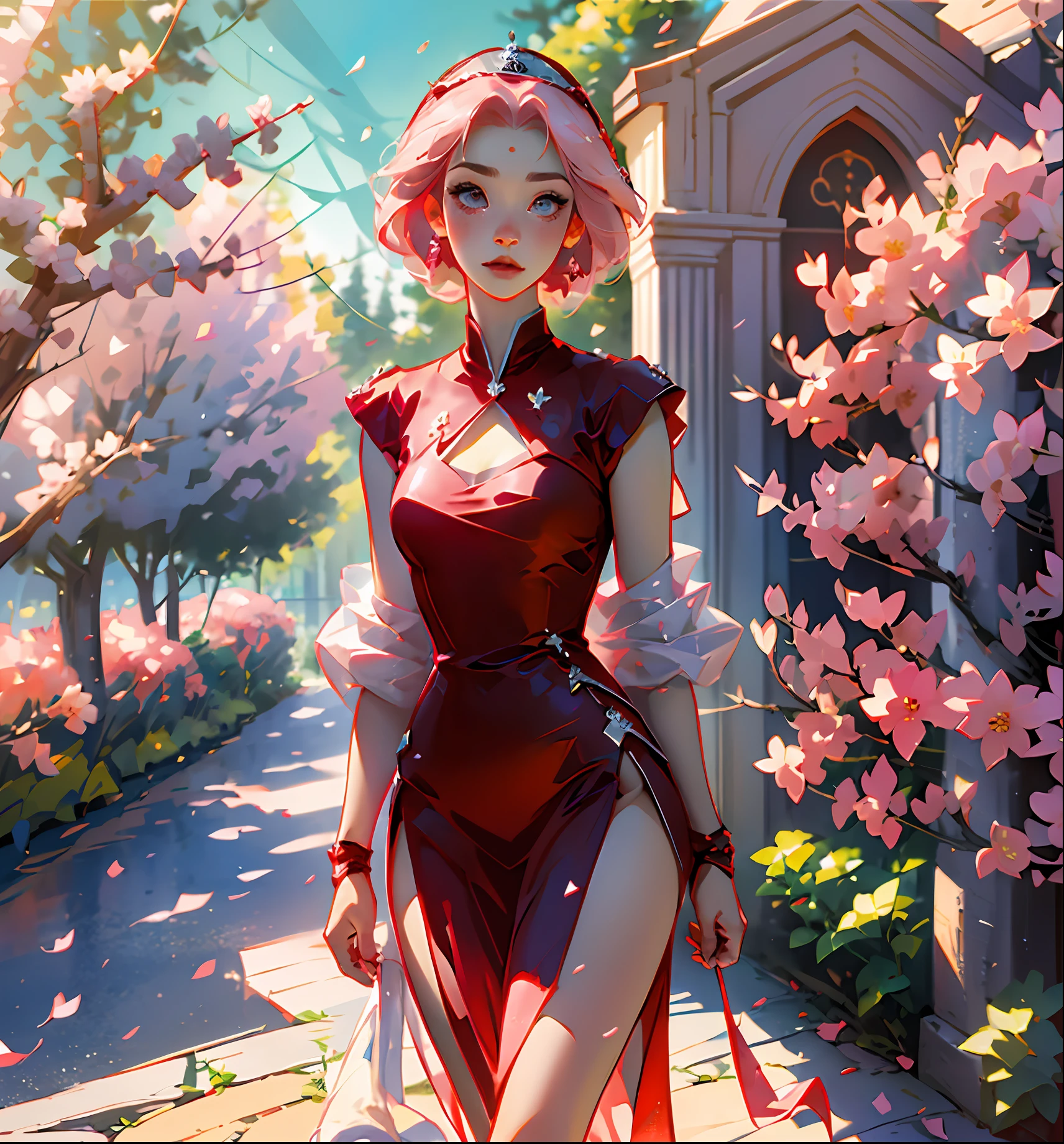 Sakura haruno, ((solo)), alone, princess, wearing a red princess dress, queen, happy, ((forehead to show)), standing, entering the church, pink hair, short hair, delicate, young, short hair, detailed face, high definition, ((full body)), (flowers around her), whole body, she is a beautiful woman, face with high quality, beautiful, radiant, high definition, delicacy, sakura haruno,  sakura, gorgeous face, sharp features, anime, sakura haruno, anime, HD, red dress, small and contoured pupils, asian eyes