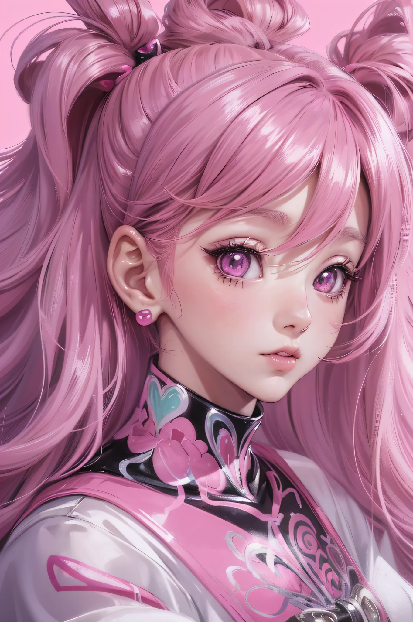anime girl with pink hair and pink heart earrings, pink girl, anime vibes, glowing pink face, kawaii realistic portrait, anime aesthetic, cute anime girl portraits, beautiful anime art style, kawaii aesthetic, ((pink)), cute anime girl, beautiful anime portrait, beautiful anime style, beautiful pink little alien girl, anime girl, rossdraws pastel vibrant