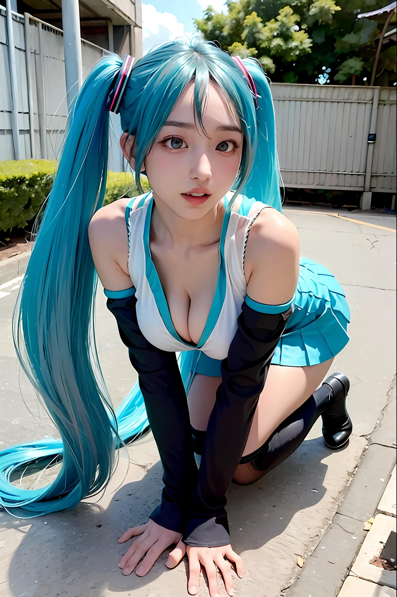 (((Big))), cross-eyed, drunken eyes, Hatsune Miku, outdoor, yes yes, on all fours