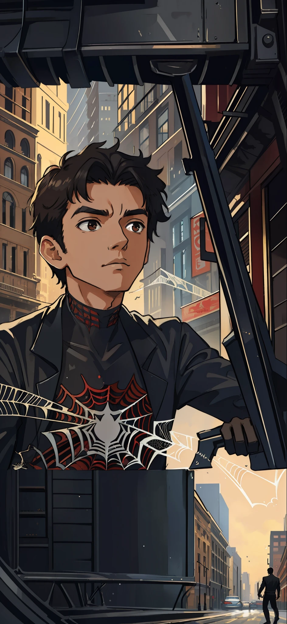 (masterpiece, best quality), intricate details, 8k, artstation, wallpaper, official art, splash art, sharp focus,
1boy, short straight hair, brown eyes, black hair
spider suit, spider web printing, spider web,
skyscrapers, city, buildings, cars, street,