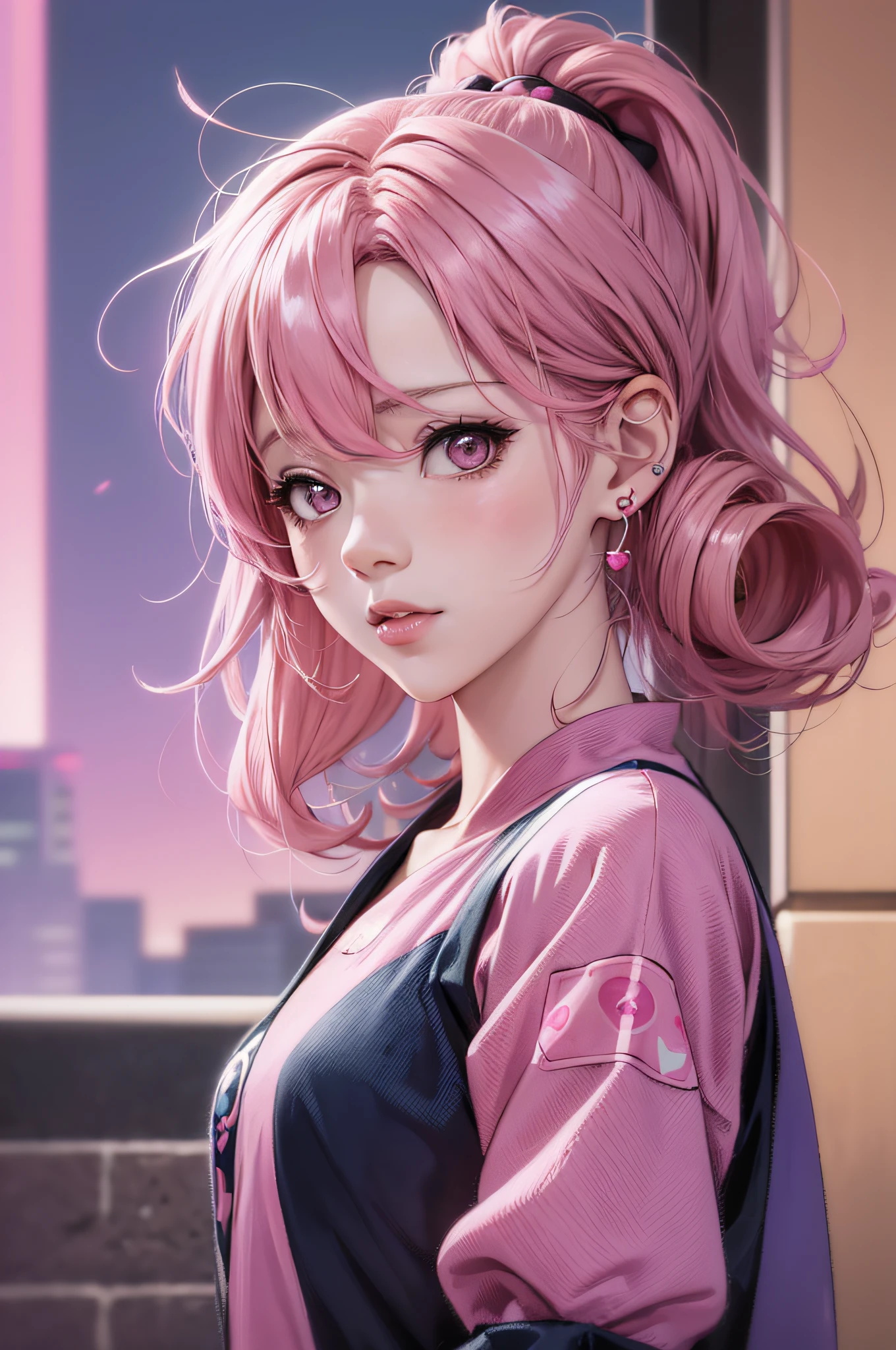 anime girl with pink hair and pink heart earrings, pink girl, anime vibes, glowing pink face, kawaii realistic portrait, anime aesthetic, cute anime girl portraits, beautiful anime art style, kawaii aesthetic, ((pink)), cute anime girl, beautiful anime portrait, beautiful anime style, beautiful pink little alien girl, anime girl, rossdraws pastel vibrant