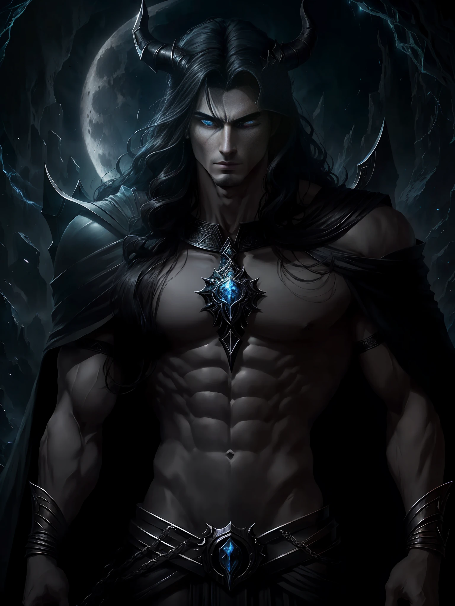 (Perfectly Detailed Eye Rendering), close up, Create an image that depicts Hades, inspired by the book descriptions of Hades and Persephone, written by Scarlett St. Clair. Hades is described as an imposing and seductive Greek god with a dark and powerful aura. He possesses a tall stature and a sculpted body, emanating strength and authority. Her black hair is long and dense, falling in seductive waves over her broad shoulders. His deep eyes are the most intense blue color, conveying a magnetic mystery. He has majestic black horns that curve elegantly around his head, further underscoring his divine nature. The expression on his face reflects a piercing gaze, full of power and knowledge of the dark world he rules. (His skin is pale as the silvery light of the moon:1.2), contrasting with the gloomy scenery around him. In addition, Hades is depicted wearing elegant and majestic costumes, which perfectly match his imposing presence. Their appearance is a balance between beauty and power, attracting both admiration and awe. When creating the image of Hades, be sure to capture his dominant presence, the intensity of his gaze, and the combination of his dark and seductive features. The image should convey the strength and mystery that surrounds it, bringing to life this fascinating Greek god of the underground.