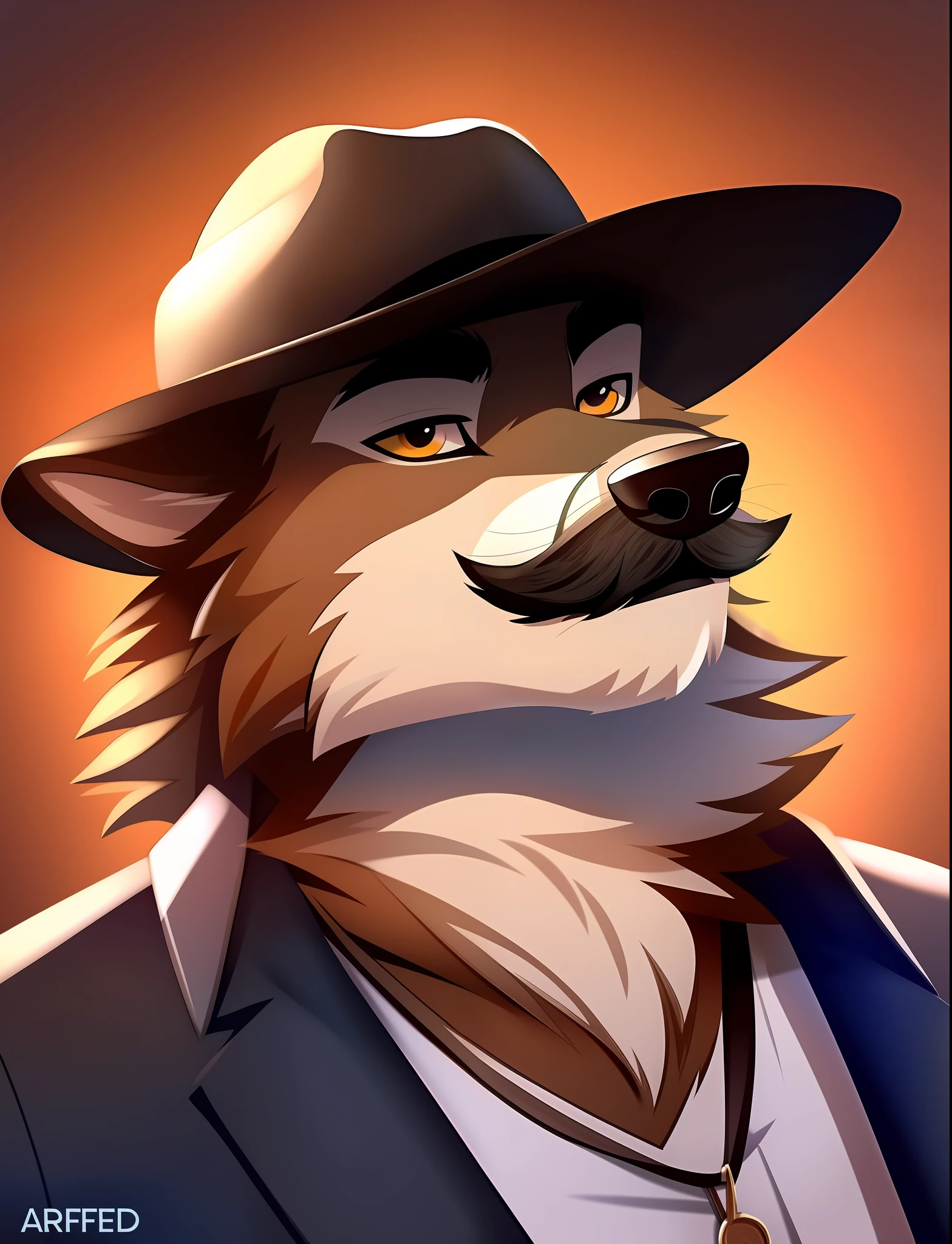 arafed wolf with a hat and a mustache on his face, an anthro wolf, anthropomorphic wolf, anthro wolf face, anthropomorphic wolf male, furry wolf, an anthropomorphic wolf, anthropomorphic coyote male, very very beautiful furry art, anthro portrait, wolf fursona, !anthropomorphic!