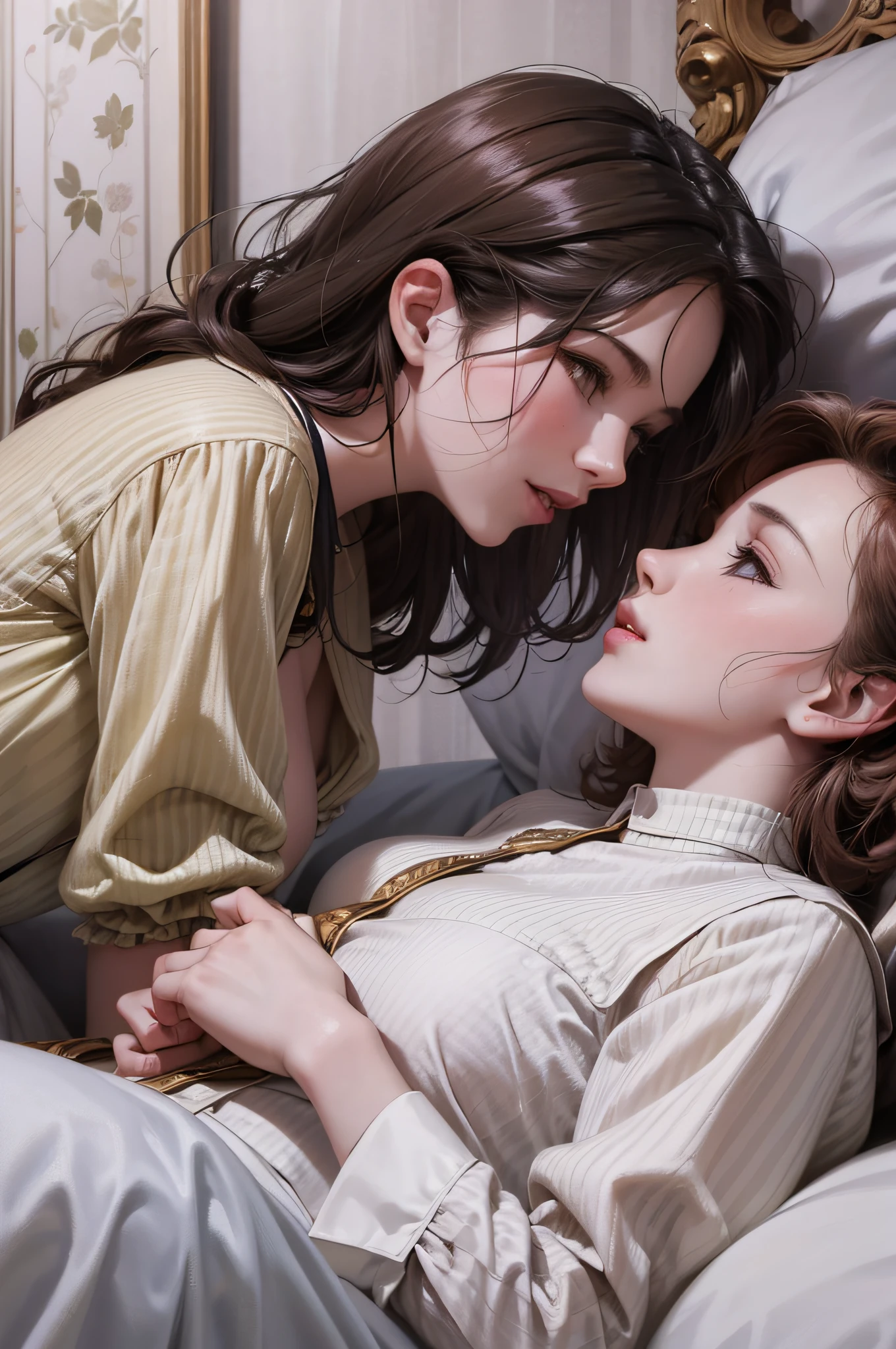 two girls kissing, lying in bed, langerie, 4k resolution, Full HD, HDR