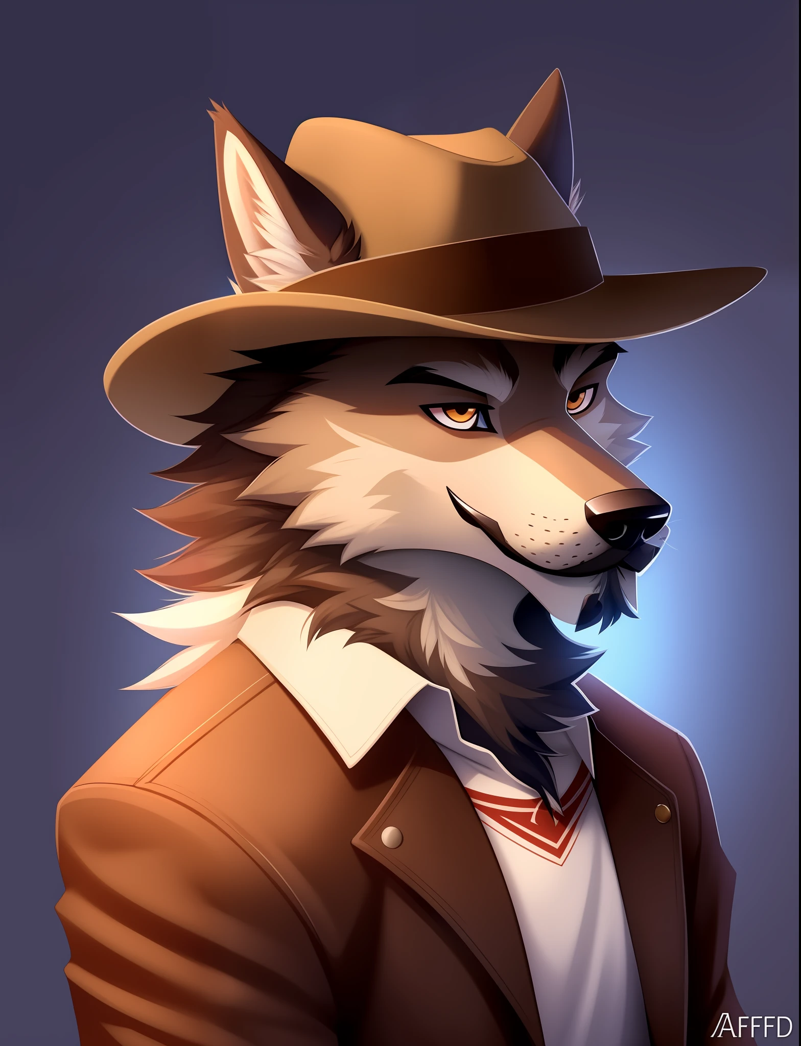 arafed wolf with a hat and a mustache on his face, an anthro wolf, anthropomorphic wolf, anthro wolf face, anthropomorphic wolf male, furry wolf, an anthropomorphic wolf, anthropomorphic coyote male, very very beautiful furry art, anthro portrait, wolf fursona, !anthropomorphic!