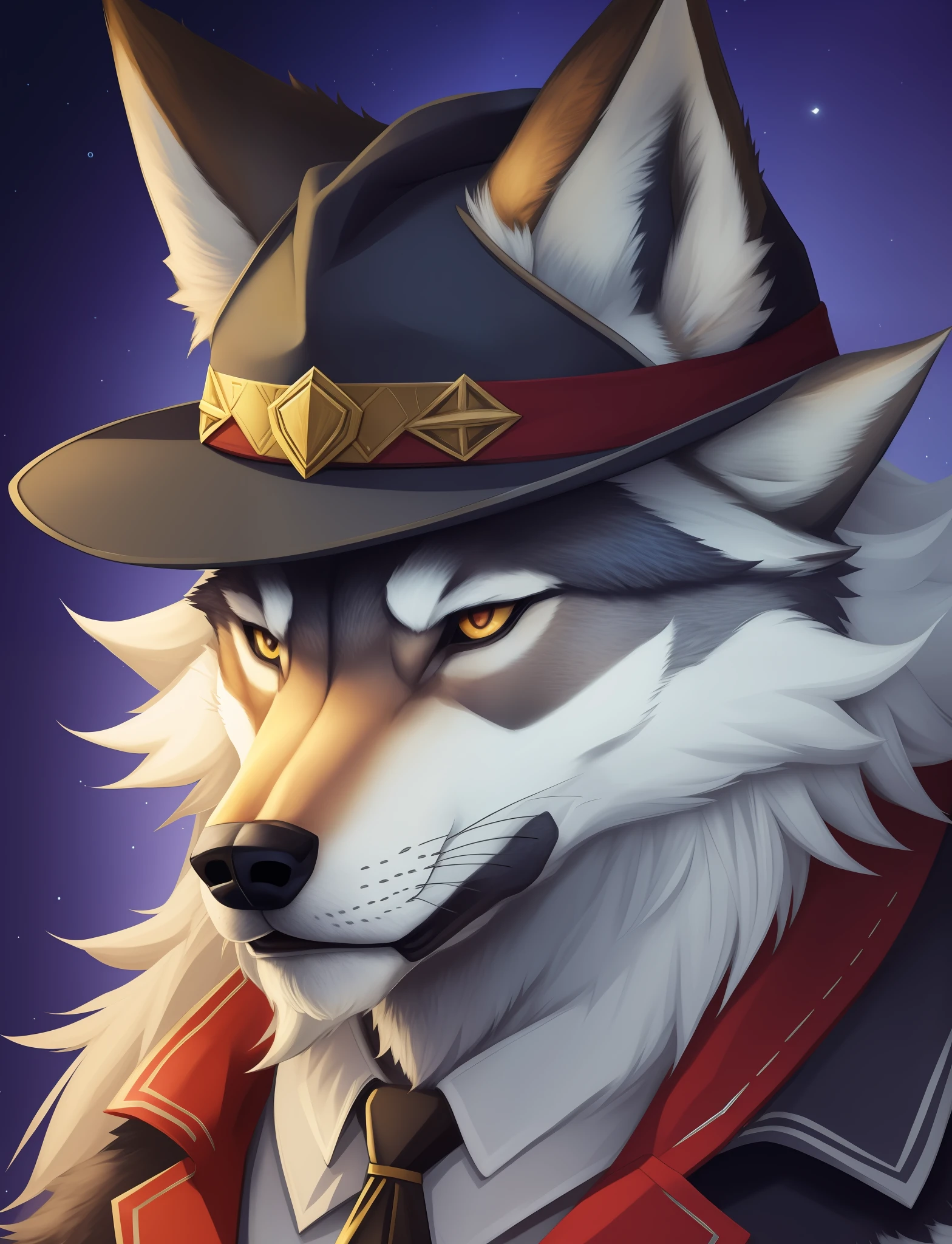 arafed wolf with a hat and a mustache on his face, an anthro wolf, anthropomorphic wolf, anthro wolf face, anthropomorphic wolf male, furry wolf, an anthropomorphic wolf, anthropomorphic coyote male, very very beautiful furry art, anthro portrait, wolf fursona, !anthropomorphic!