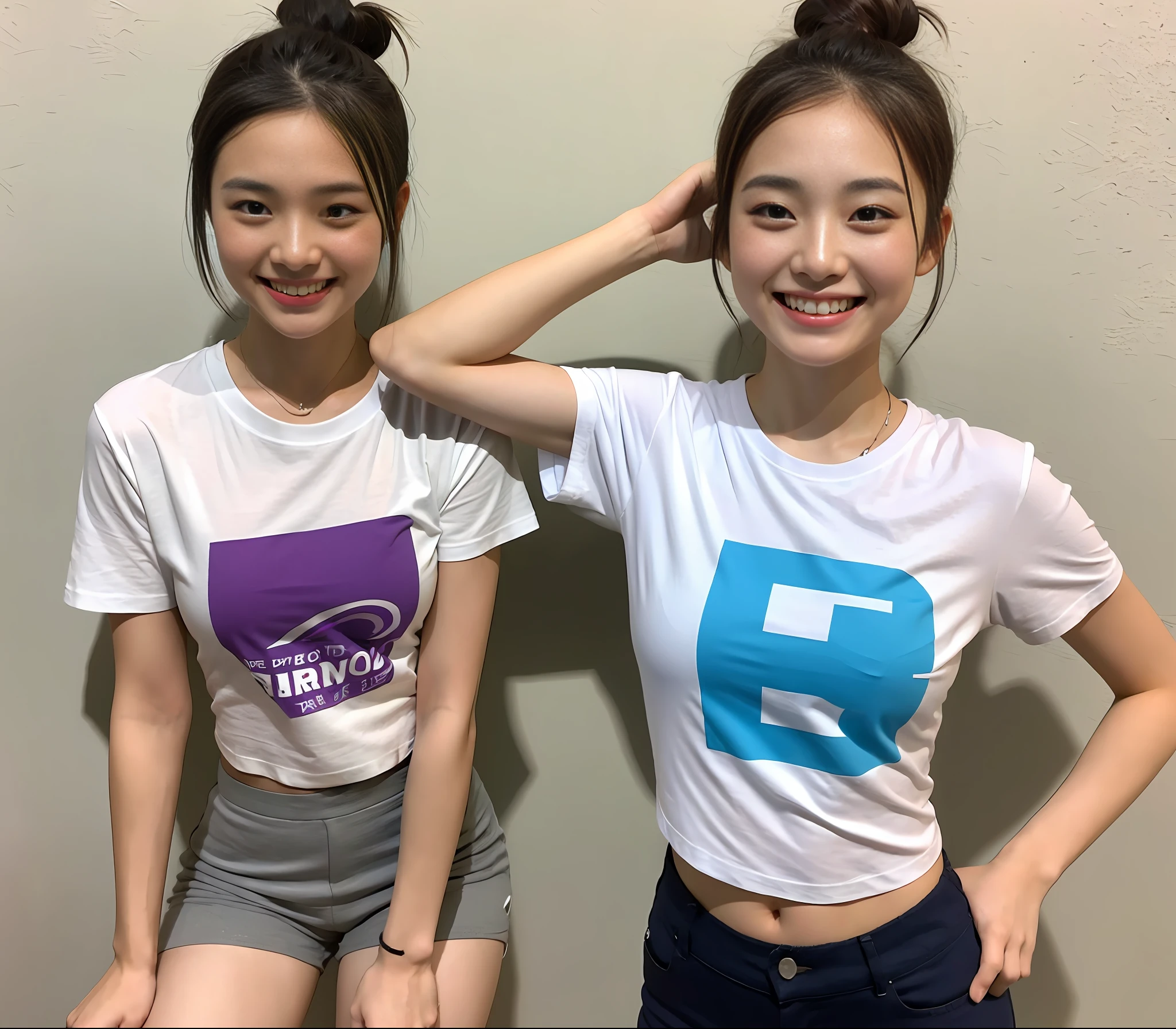 {{{solo}}}, Korean beauty, bun, tee-shirt,short pants,gravure pose,grin