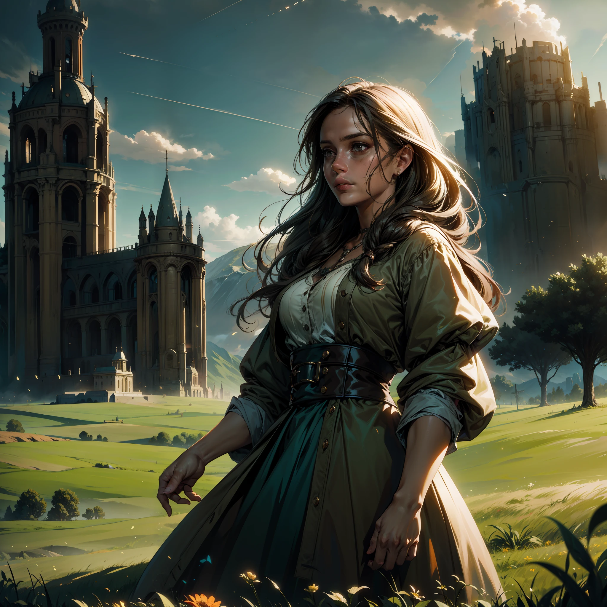 (focus on face) Extremely detailed really cute young woman standing in a field with a stunning sky over her, earthy color palette, jrpg, cartoonish vector, volumetric lights, very detailed potions and alchemy laboratory scenery, nature-evocative, enchanting, whimsical, detailed, emotionally evocative, fantastical, imaginative, visually rich, nostalgic, vivid, expansive, atmospheric, dynamic, ever-changing, awe-inspiring, painterly, dramatic, dreamlike, emotive, best quality