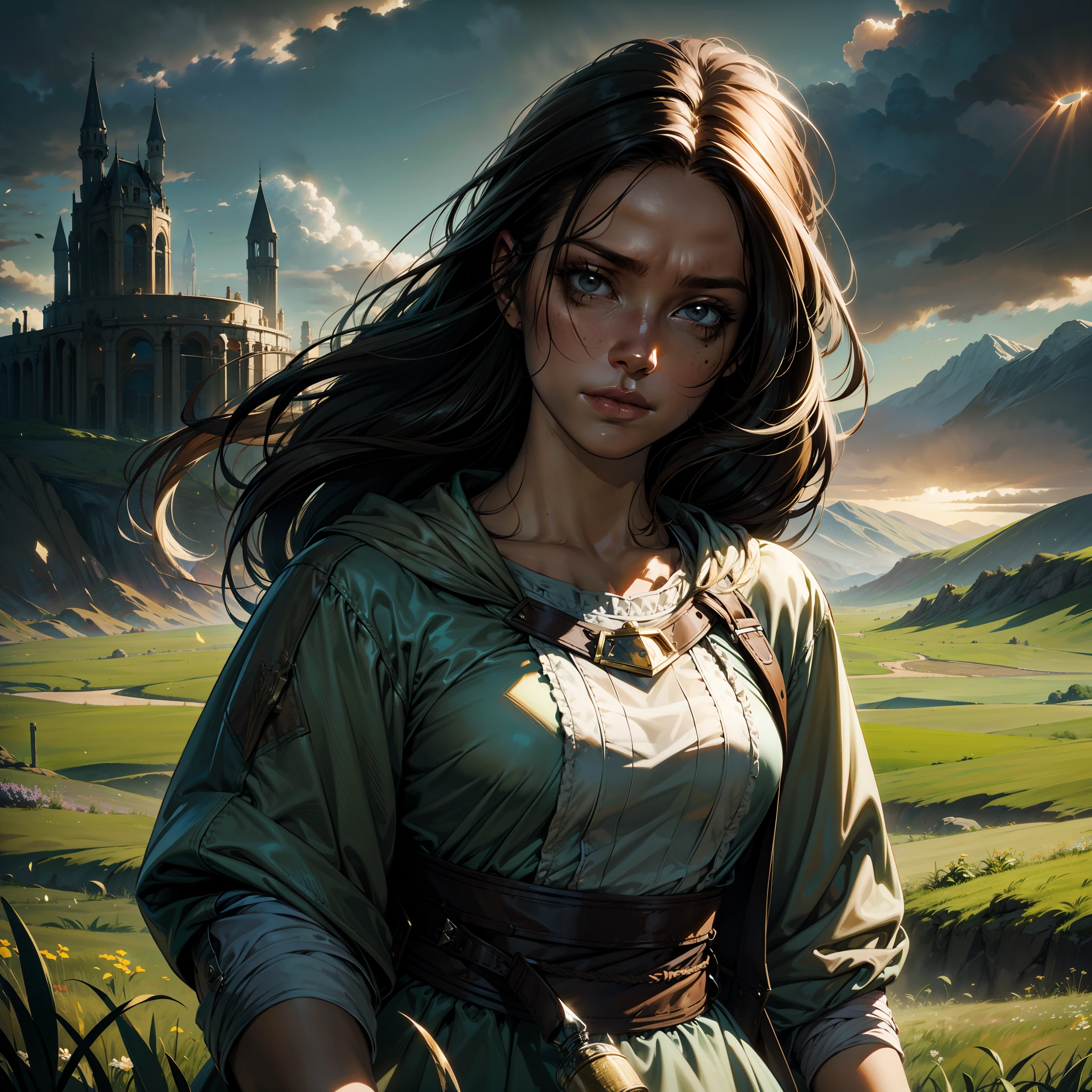 (focus on face) Extremely detailed really cute young woman standing in a field with a stunning sky over her, earthy color palette, jrpg, cartoonish vector, volumetric lights, very detailed potions and alchemy laboratory scenery, nature-evocative, enchanting, whimsical, detailed, emotionally evocative, fantastical, imaginative, visually rich, nostalgic, vivid, expansive, atmospheric, dynamic, ever-changing, awe-inspiring, painterly, dramatic, dreamlike, emotive, best quality