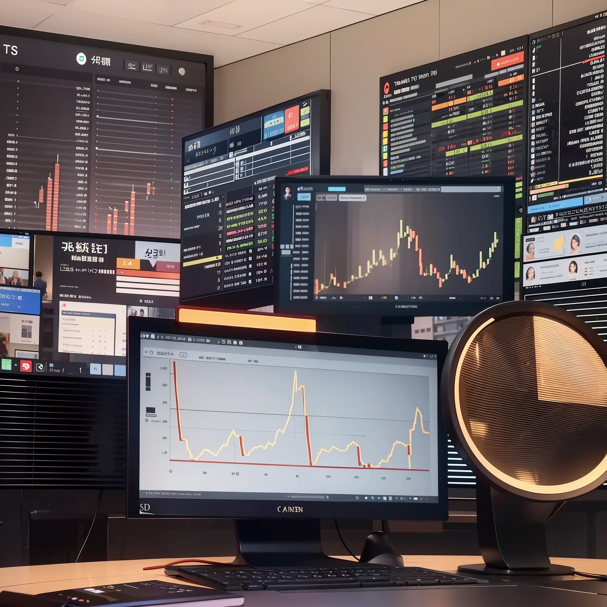Start with a main screen that shows a candlestick chart in crescent format, symbolizing the rise in stock prices. Place a caption with the name of the company or financial index at the top of the screen to identify what is being monitored.
Add a series of smaller screens around the main screen, each showing a candlestick chart from a different company. The smaller screens should be arranged in a way that shows a variety of companies in the financial sector.
To emphasize the idea that the market is growing, use warm colors like red, orange, or yellow on the main screen and all smaller screens. This helps create a sense of energy and optimism.
Use a sleek, readable font for the captions on each smaller screen, listing the company name and candlestick index. Make sure the captions are easily readable, even on smaller screens.
Add additional visual elements that help emphasize the idea of growth. This can include charts or icons that show each company's percentage growth, or other visual elements that help convey the idea of a booming financial market.