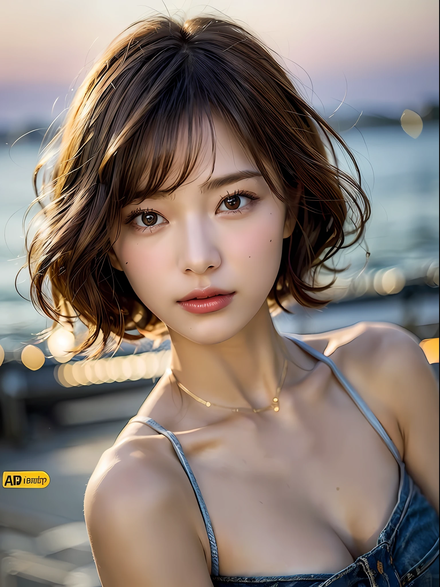 Depth of field, lifelike, realistic, super detailed, beautiful, slender, cute, 30s, beautiful face, actress, mature, upper body, light brown hair, thin hair, small face, live-action, highest quality, very elaborate CG Unity 8K wallpaper, ultra high resolution, A-line silhouette that combines casual denim and ethnic fashion, (puffy eyes), model body shape, Light on hair, turn around pose, ash brown hair, model pose, simple and unstretched sky and sea background, hair length straight bob with little movement, hands near mouth, adult clothes, hairstyle taken attractively, hair fluttering in the wind, transparent hair, elaborate hair fineness, hair with softness, bright photo, less hair, The camera angle is from a slight pull, so that you can shoot from the waist up, realistic light, realistic shadows, shooting in natural light, soft light, short hair bob, hair is honey blonde color, skin tone is natural beige tone skin tone, natural and light styling and makeup, makeup should be focused on bright lips and eye-catching mascara, bright image, as if taken under natural sunlight,