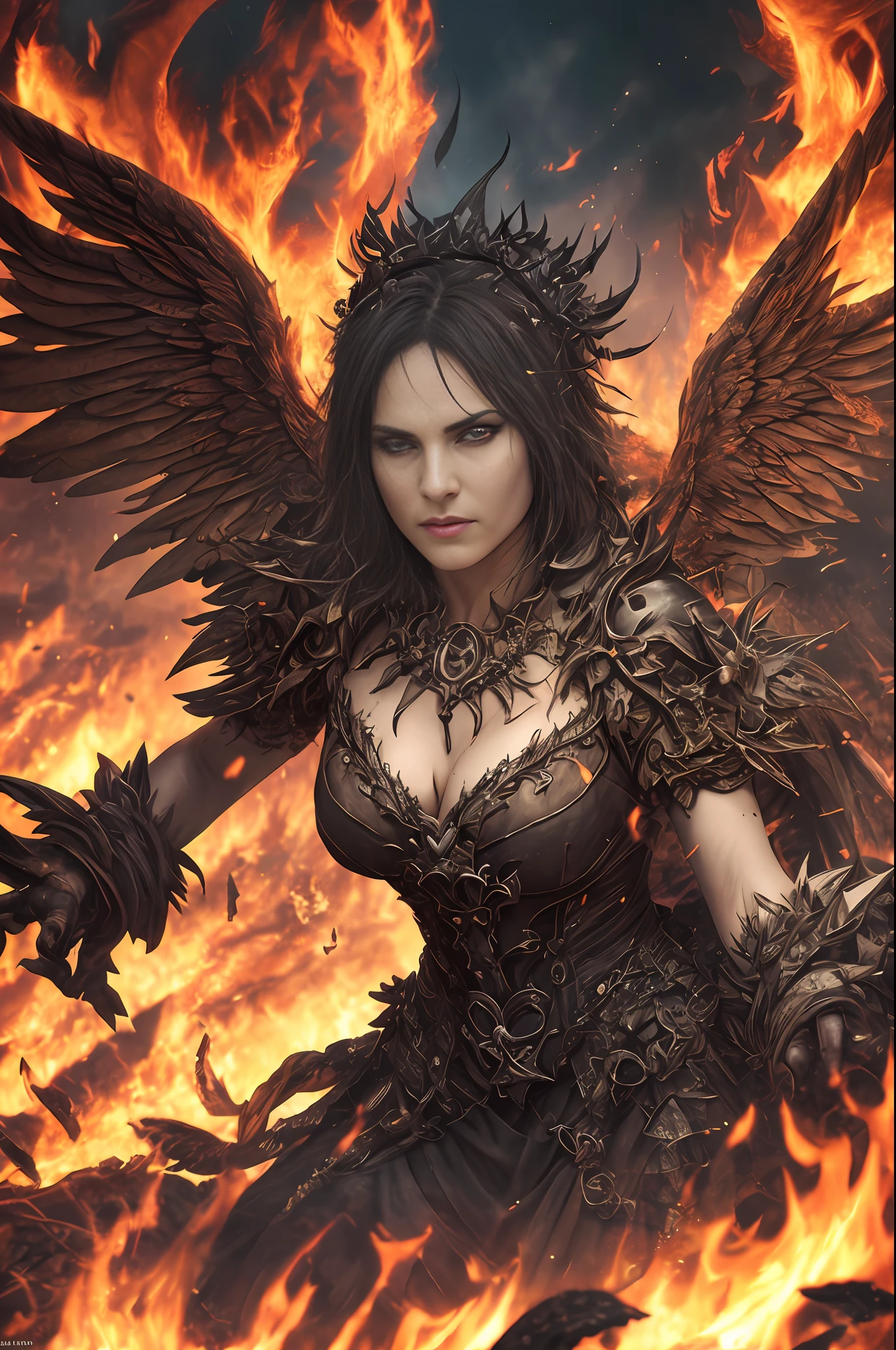 (extremely detailed 8k wallpaper) +, a mid-plane photo of a demonic sorceress conjuring fire in a burning and destroyed village, various burning chains around her,Intricate, High Detail, dramatic, best quality masterpiece, photorealistic, detailed, 8k, HDR, backlighting, flowering, chromatic aberration, sharp focus, post-apocalyptic,