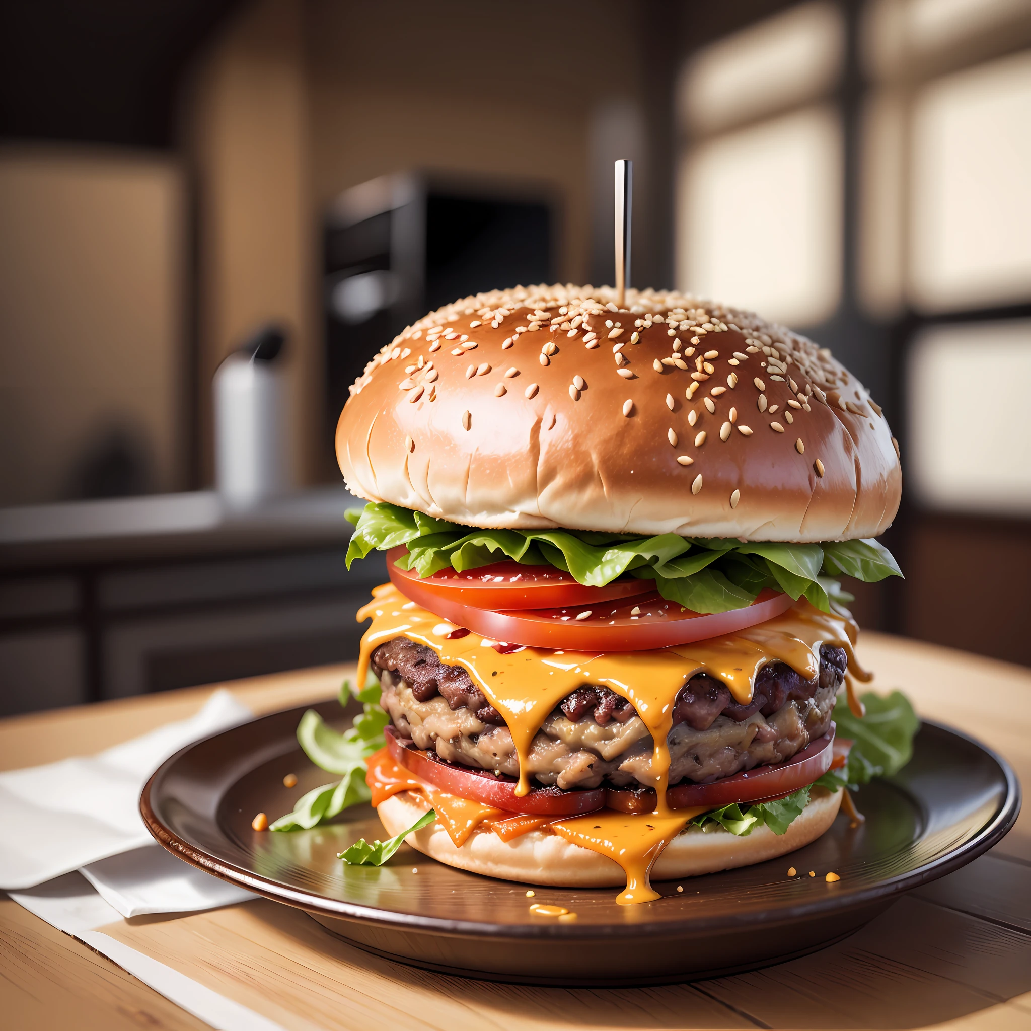 there is a burger with cheese, lettuce, tomato and onion, hamburger on a plate, juicy burger, cheeseburger, hamburger, a hyper realistic, hamburger, burger with mouth, high quality food photography, super realistic food image, professional food photography, hamburger with human mouth, by Matthias Stom, hamburger with human eyes, by Joe Bowler, ultra realistic, real photography, ultra real, realism, photographic style, movie kitchen lights --auto --s2