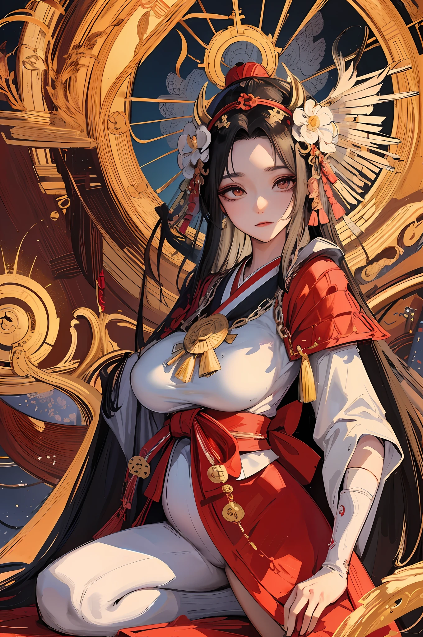 Amaterasu, goddess of the sun, incarnation of the sun, supreme god of Japan, ruler of Takamagahara and the deification of the sun. The ancestor of the Japanese emperor, the supreme god of Shinto in Japan, the incarnation of Ōichiru, the background is the Japanese shrine sacrificial ground, holding the eight mirrors, ((super super huge breasts)), (human wife), indifferent, extremely majestic, daunting, dark eyes, Japanese makeup, kneeling on the ground, shaping a glorious atmosphere, radiant sky, fair skin, long black hair, sun tattoo on the chest, eight-foot qionggouyu, pregnant mother, gorgeous costume, (extremely gorgeous heavenly feather), clogs, white socks, Perfect legs, Japanese kabuki costumes, gorgeous belts, (lots of luxurious accessories), perfect flesh full of texture, , searing rendering effects, jaw-dropping, captivating visual enjoyment, ((best quality)), ((masterpiece)), maximum definition, 8K wallpaper, official art, multi-layered textures, super detailed, illustrations, (super detailed face), (perfect face), clear texture, fine texture, ultra-high definition detail display, excellent image performance, high quality illustrations, Perfect fit and harmonious tones, deep lines, precise brush strokes, with a strong sense of three-dimensionality and delicate wear, wonderful color matching, intricate details