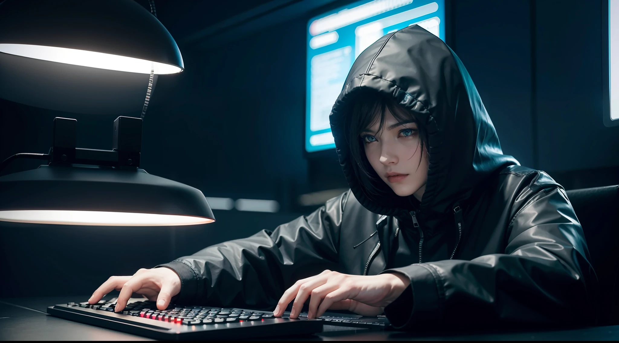 visuals of hackers cyberpunk typing furiously on keyboards, vibrant, photorealistic, realistic, dramatic, dark, sharp focus, 8k