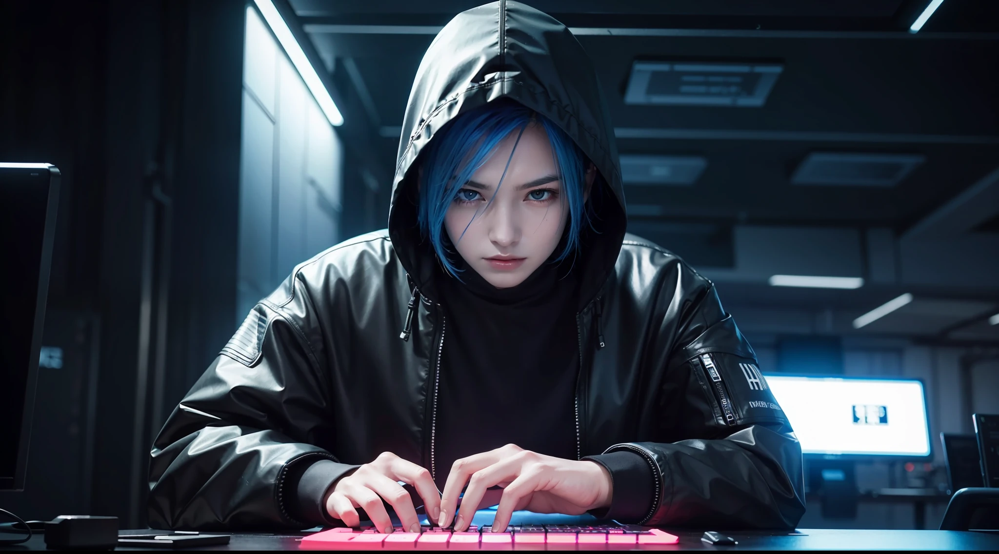 visuals of hackers cyberpunk typing furiously on keyboards, vibrant, photorealistic, realistic, dramatic, dark, sharp focus, 8k