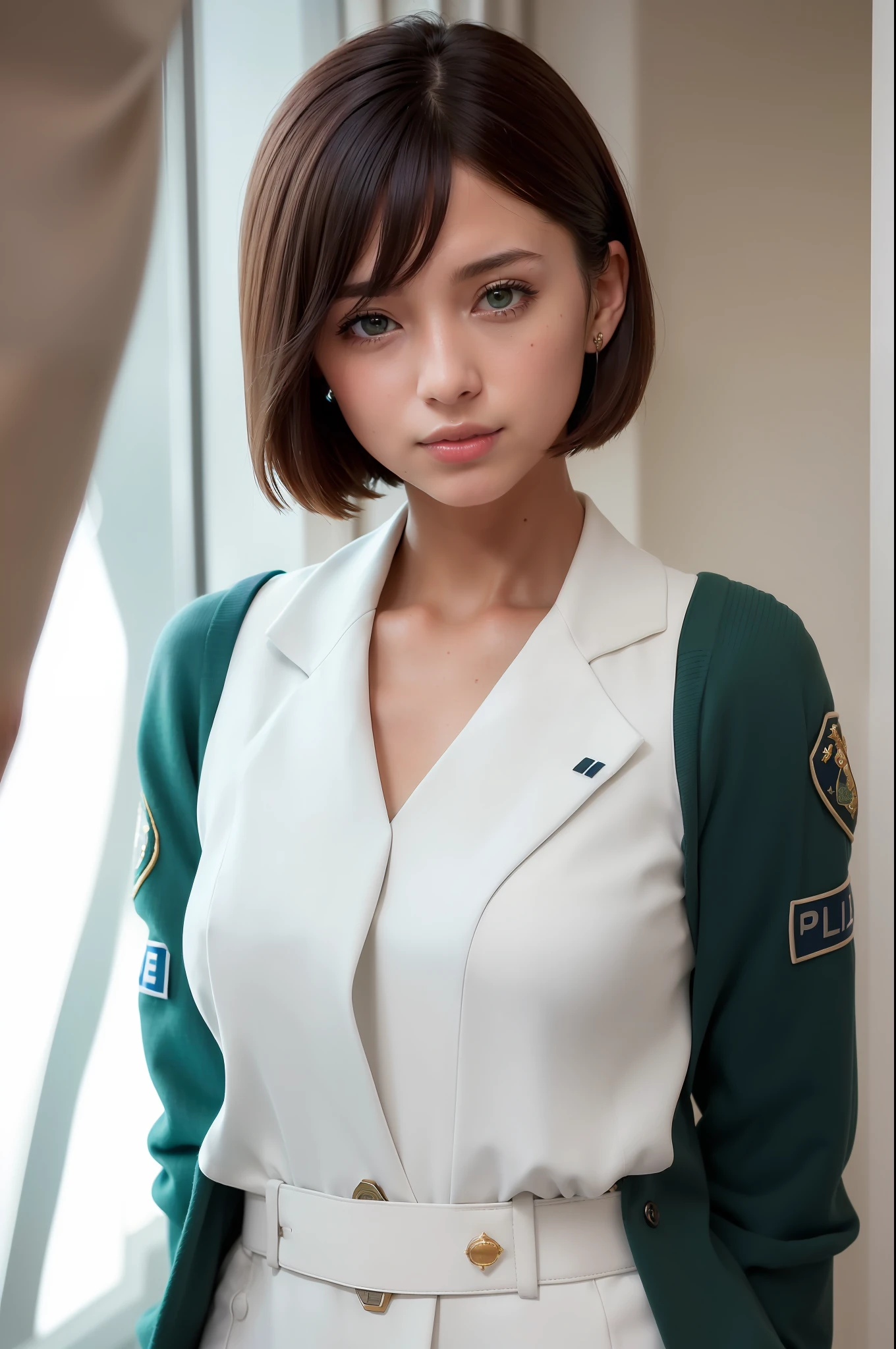 (white police uniform:1.5), 1girl, woman, adult, highres, absurdres, detail, masterpiece, best quality, hyperdetailed, 8k, (((extremely beautiful portrait))), ((glistening skin)), RAW photo, ((masterpiece, best quality, hyper detailed, Cinematic light, intricate details, highres, 8k, extremely detailed)), detailed background, 8k uhd, dslr, soft lighting, high quality, film grain, Fujifilm XT3, shallow depth of field, natural light, RAW photo, (best quality: 1.0), (ultra high definition: 1.0), (beautiful girl: 1.4), Ultra Detail, (High Skin Detail: 1.2), (Best Quality: 1.0), (Ultra High Definition: 1.0), (Masterpiece), Super Detail, (High Skin Detail: 1.2), (Best: 1.0), (short hair:1.2), (green eyes:1.2), (fubuki:1.2), side lit, (open mouth:1.3), (speaking:1.4), teeth, open eyes, (looking at viewer:1.2),