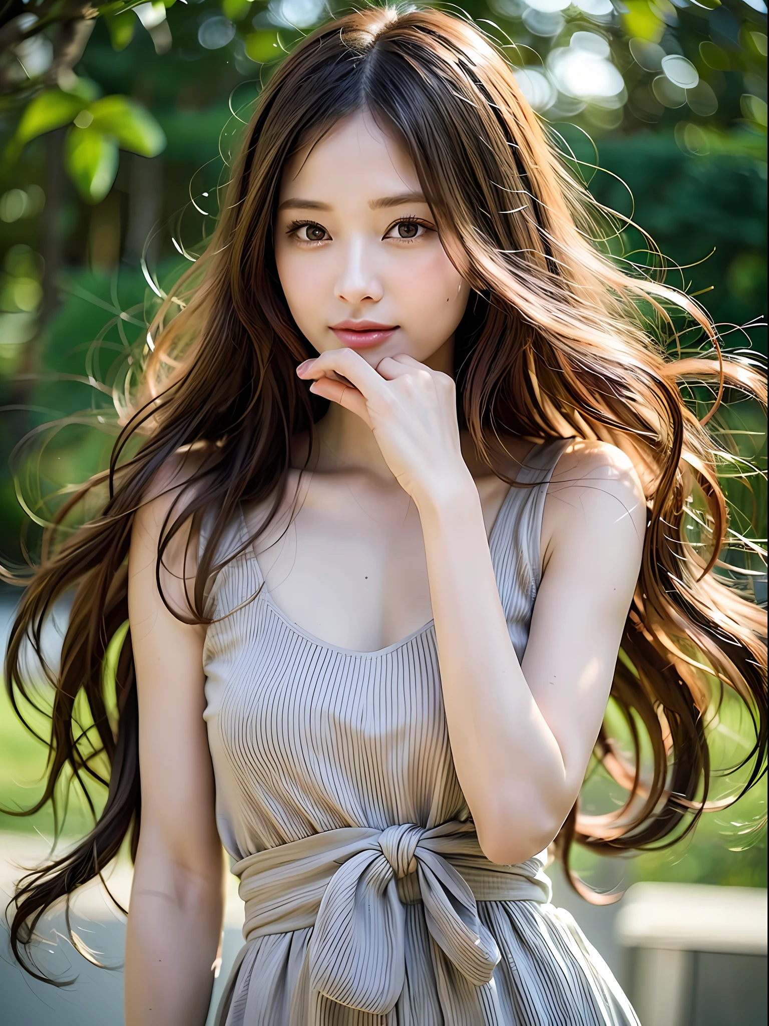 In this project, create highly elaborate CG Unity 8K wallpapers modeled after a beautiful 30-something actress with a realistic, lifelike and ultra-detailed finish. The model is slender, cute, and mature. Her features are light brown hair, a thin little face, wearing a natural fashion style. Use a studio background, shoot with a non-blurry setting, and shoot from a camera angle from the waist up. The skin quality of the model is delicate, and the hairstyle has light waves close to straight hair. Her hand should be close to her mouth, creating an adult atmosphere. Shine light on your hair and express movements that flutter in the wind. Also, pay attention to the fine details and softness of your hair and skin. Keep your photos bright, use professional lighting, and reproduce realistic lights and shadows. Create an image that evokes the brightness and softness of shooting in natural light. The model's hair color is honey-blonde, and her skin tone is a natural beige tone. Makeup should focus on bright lips and eye-catching mascara, and have a natural and light styling. Choose a simple and sophisticated style of clothing, such as a dress. The final image should be as bright and attractive as if it had been taken in natural sunlight