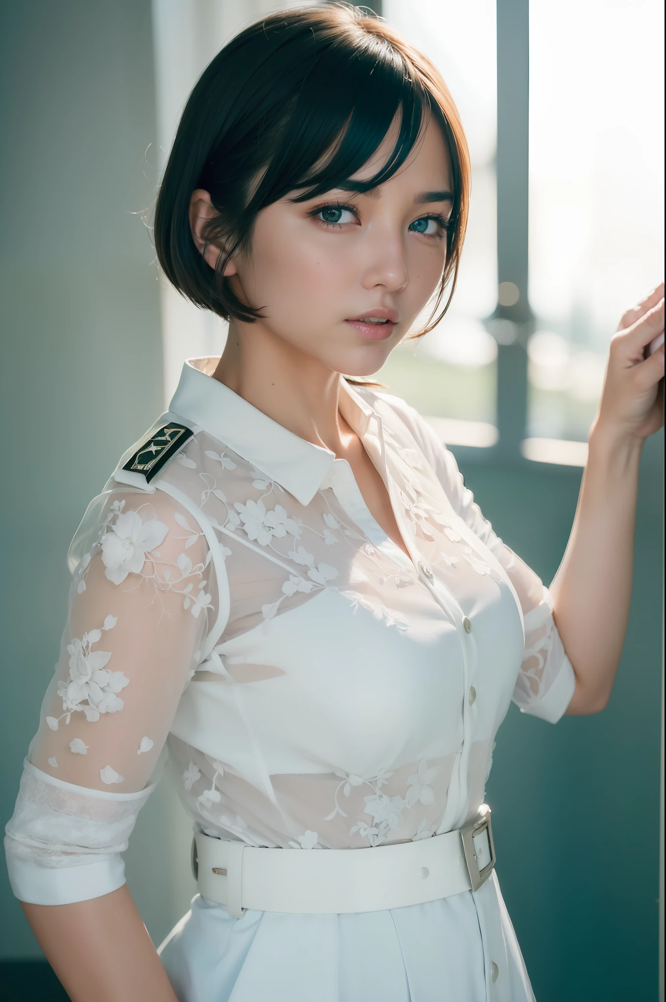 (white police uniform:1.5), 1girl, woman, adult,  highres, absurdres, detail, masterpiece, best quality, hyperdetailed, 8k, (((extremely beautiful portrait))), ((glistening skin)), RAW photo, ((masterpiece, best quality, hyper detailed, Cinematic light, intricate details, highres, 8k, extremely detailed)), detailed background, 8k uhd, dslr, soft lighting, high quality, film grain, Fujifilm XT3, shallow depth of field, natural light,  RAW photo, (best quality: 1.0), (ultra high definition: 1.0), (beautiful girl: 1.4), Ultra Detail, (High Skin Detail: 1.2), (Best Quality: 1.0), (Ultra High Definition: 1.0), (Masterpiece), Super Detail, (High Skin Detail: 1.2), (Best: 1.0), (short hair:1.2), (green eyes:1.2), (fubuki:1.2), side lit, (open mouth:1.3), (speaking:1.4), teeth, open eyes, (looking at viewer:1.2),