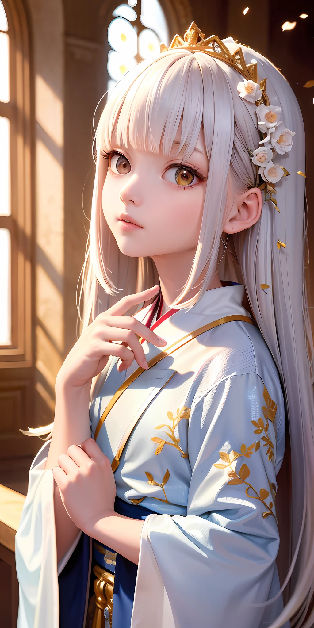 (Masterpiece, Top Class, Official Art, Beautiful Aesthetics, Best Quality: 1.2), Ray Tracing, White Hair, 1 Little Girl, Golden Eyes, Light Blue Hanfu, Looking Up, Upper Body, Hair, Fair Skin, Long Hair, Look at the Camera, Golden Costume, Portrait of a Beautiful Girl, Light and Deep Scene, Scattered Cherry Blossom Petals, Intricate Details, (Normal Five Finger Hands: 1.2), Slender Hands, Beautiful Hands, Ancient Architecture Background