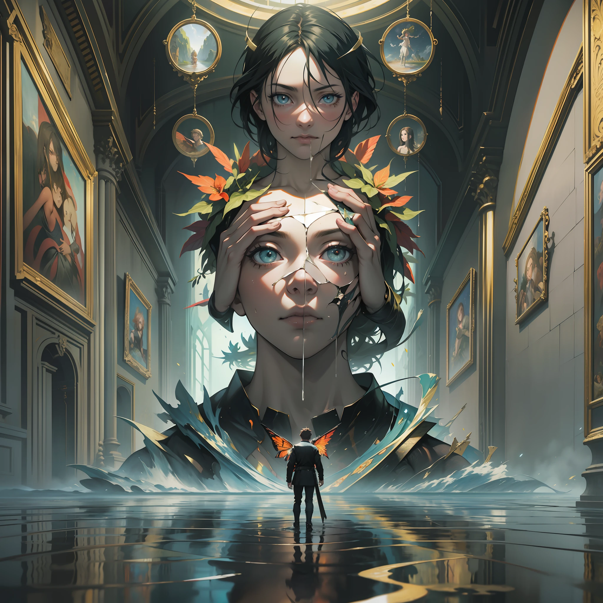 realistic collage anime-painting-photo-film surrealist collage inspired by the works of Raphael,a surrealist composition illustrating modern hell, there are holographic reflections in the background, impression of an image in which the viewer can dive, 8K reflections,kinematic filter, borderless collage
